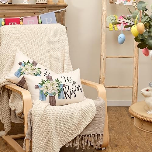 Miniatura 5 de AACORS Juego de 2 fundas de almohada de Pascua de 12 x 20 pulgadas, diseño de cruz floral con texto en inglés "He is Risen", fundas de almohada de