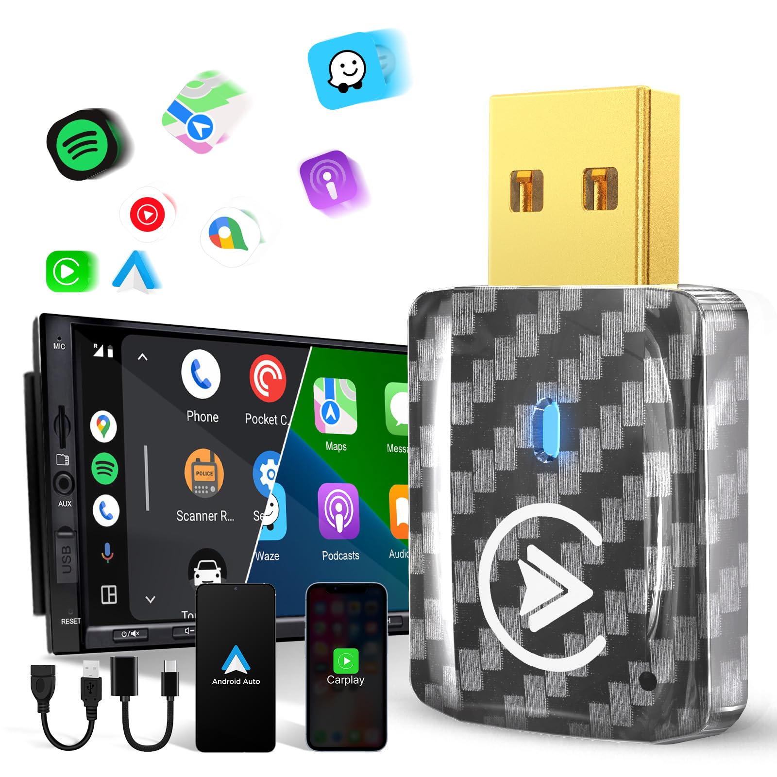 MSXTTLY Bezprzewodowy Adapter Android Auto, U2A-L9 Konwertuje Przewodowy Android Auto na Wireless, Stick Android Auto dla Samochodów z Przewodowym AA Android 11-15, Mini & Stabilny USB C/A