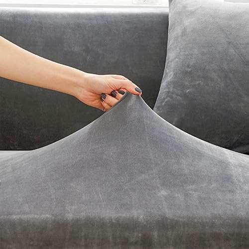 Miniatura 5 de NDPOS Funda de sofá de terciopelo de lujo elástica de 2 piezas en forma de L, funda antideslizante para sofá de esquina seccional, tela elástica,