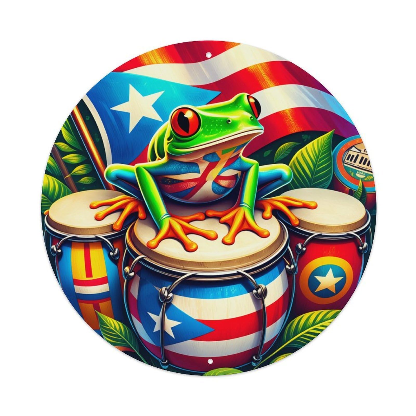 Frog Drum Puerto Rico Flag Leaves Round Tin Sign Vintage Metal Poster, Home Bar Garage Man Cave Cafe Indoor & Outdoor Wall Decoration 8x8Inches