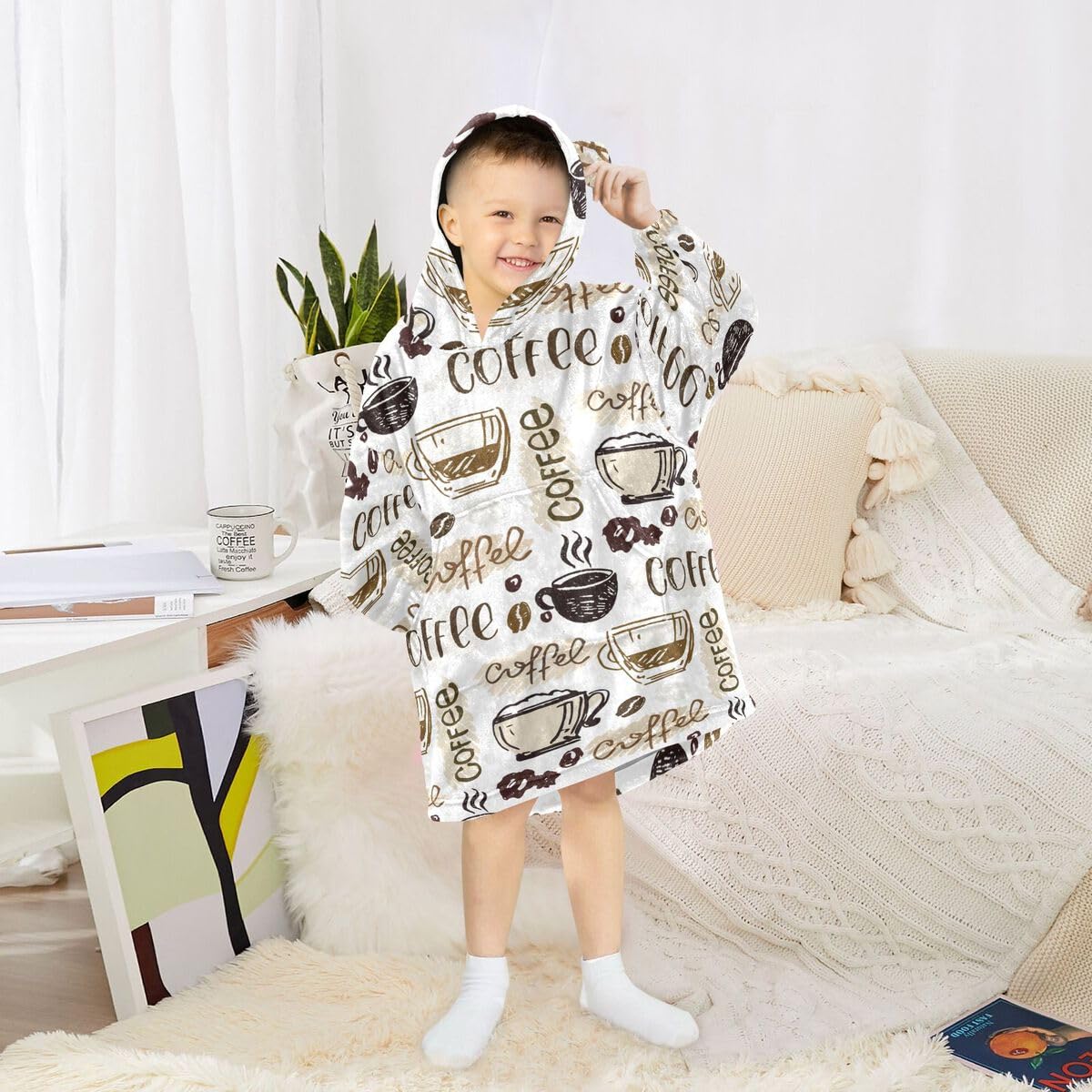 Bazgroły kawa rustykalny dziecięcy koc do noszenia bluza z kapturem oversize bluza koc sweter retro dla chłopców i dziewcząt w wieku 3-14 lat