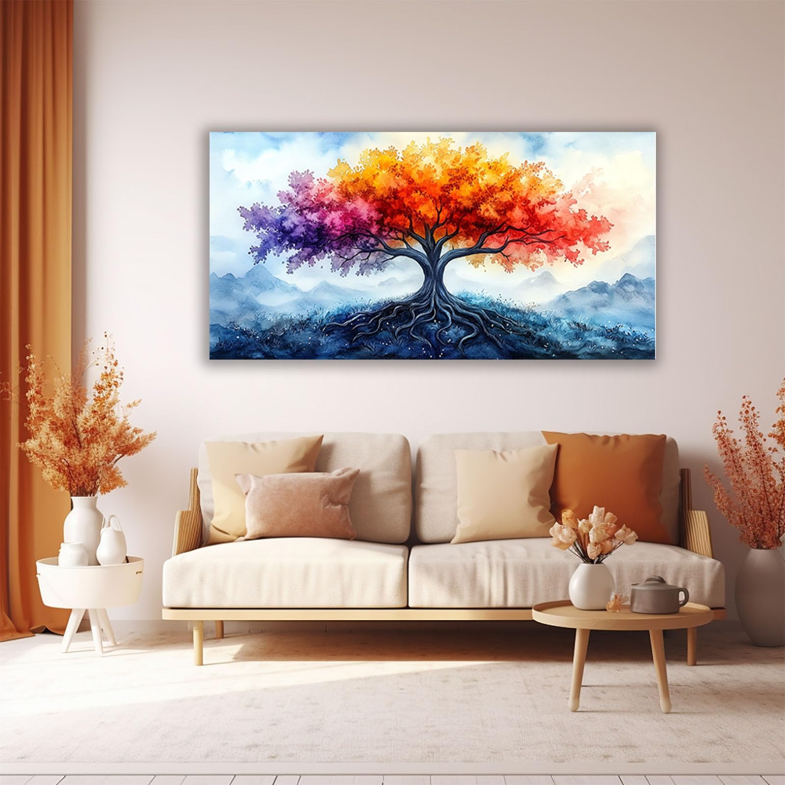 TERUEA Vintage Blumenkunst Poster, Farbverlauf Baum Aquarell Berg Kunst Leinwand Wanddekoration für Wohnzimmer, Schlafzimmer, Badezimmer, Büro, Flur, Küche, geeignet(Multi)-40x80cm1 Gerahmt