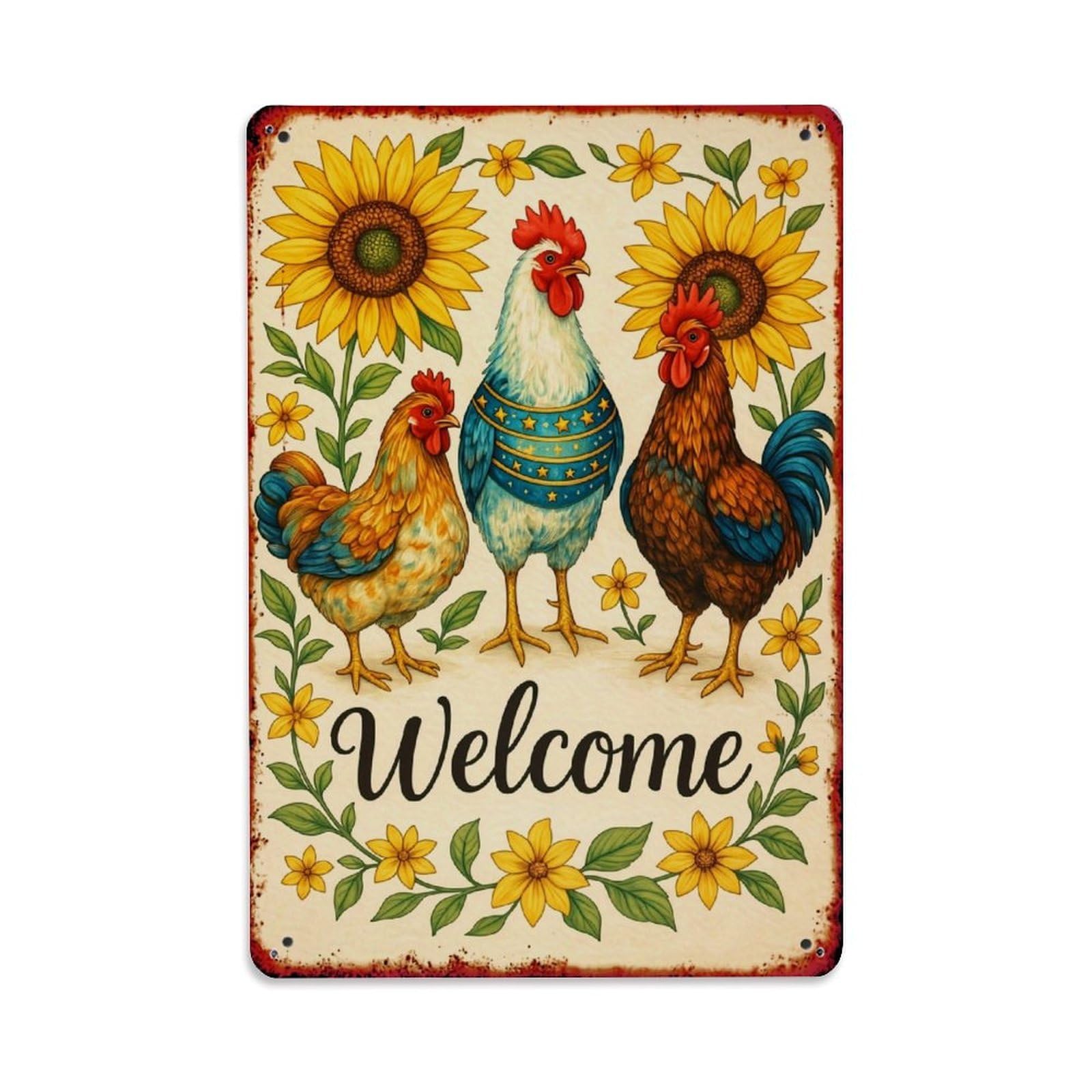 Jdyaojiesheng Vintage Sunflower Chickens Welcome Sign Art Tin Sign Retro Metal Wall Decor Metal Poster, Home Bar Garage Farmhouse Cafe Wall Art Decoration 8X12inches