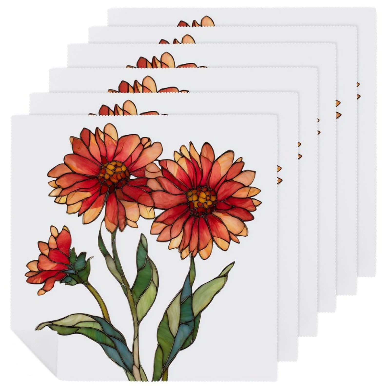 Stained Glass 3 Red Wildflower Cloth Napkins Set of 6, Square Premium Reusable Washable Polyester Table Linen Napkin for Dinner Party