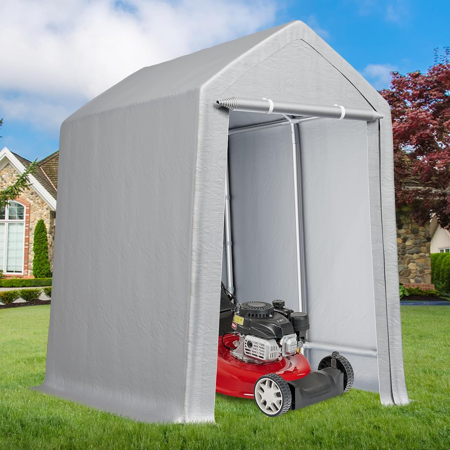 Ash 10'x10' Heavy Duty Outdoor Storage Shed - Roll-Up Zipper Door, Waterproof Design, Portable Structure, Versatile Use for Motorcycles, Bikes, and Garden Tools, Grey.