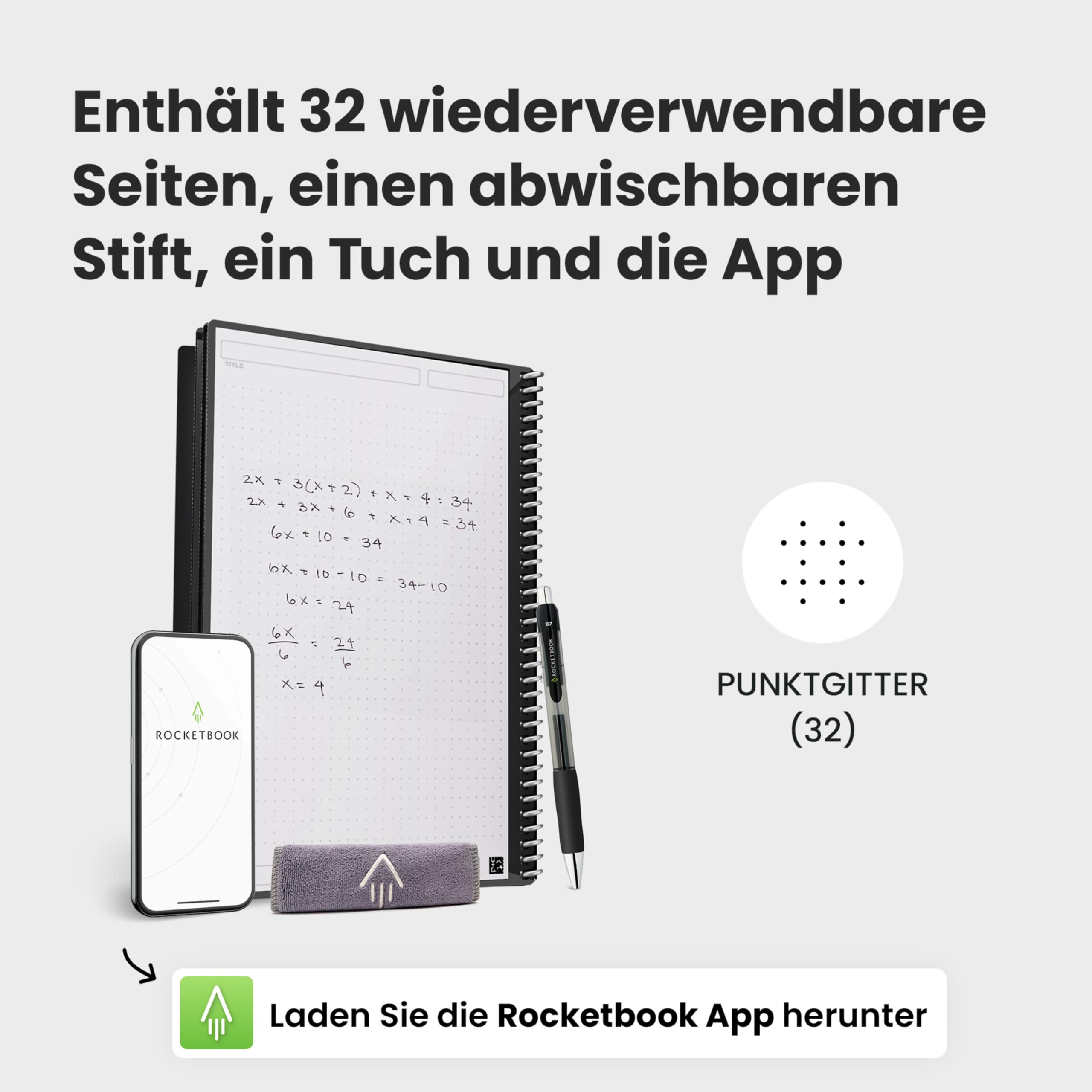 Rocketbook Core wiederverwendbares Spiral-Notizbuch, Format 21 cm x 29,7 cm, Schwarz – gepunktete Seiten, App-Konnektivität, löschbar, robuster Einband, ideal für Schule, Arbeit und kreative Projekte