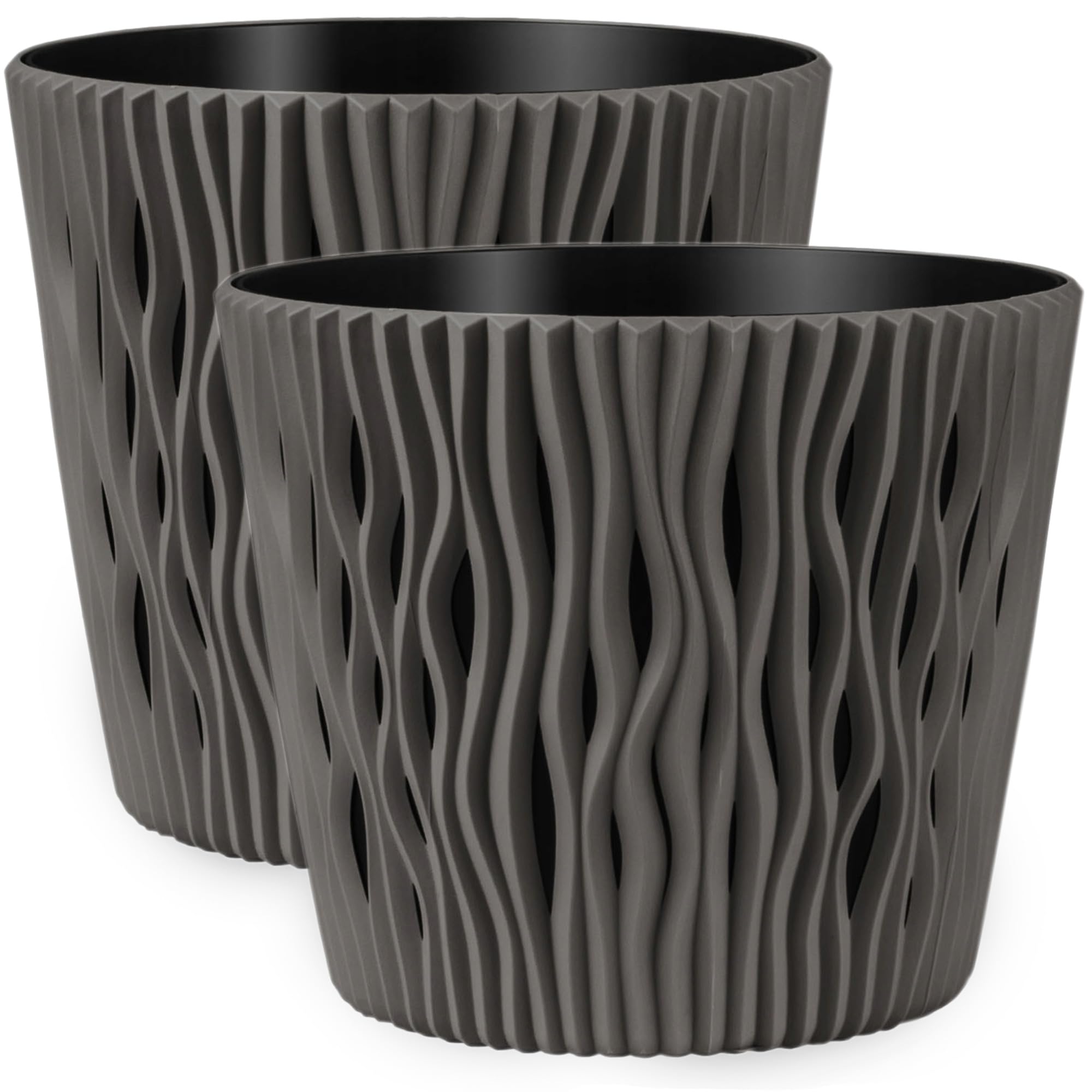 PECZEKO Matte Flower Pots, Decorative Plant Pot for Flowers and Herbs, Durable & Lightweight Round Plastic Plant Pots for Living & Dining Room, Kitchen, Patio, Balcony, Set of 2 (Grey, Diameter 16 cm)