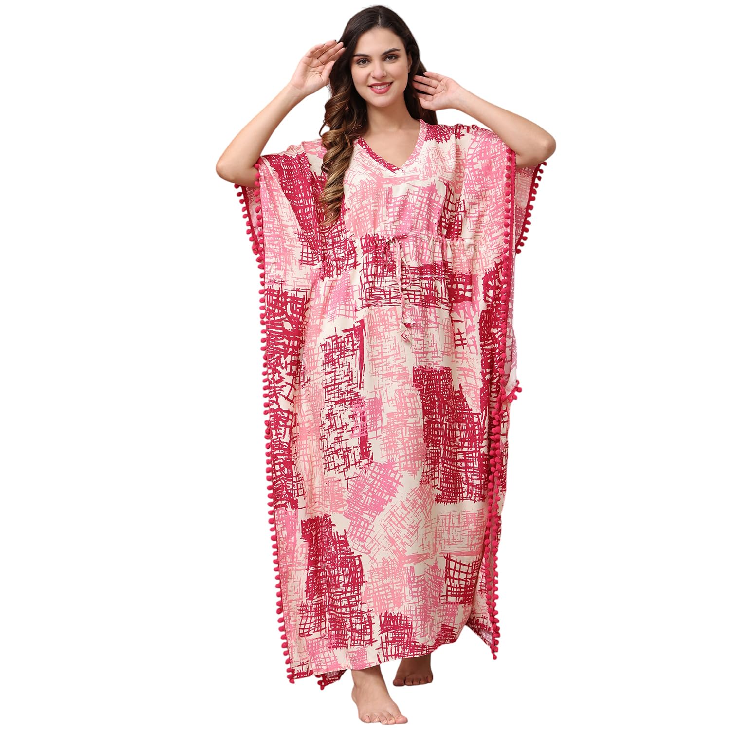claura Women Short Sleeves Abstract Printed Maxi Kaftan Nightdress Pink-picture-55