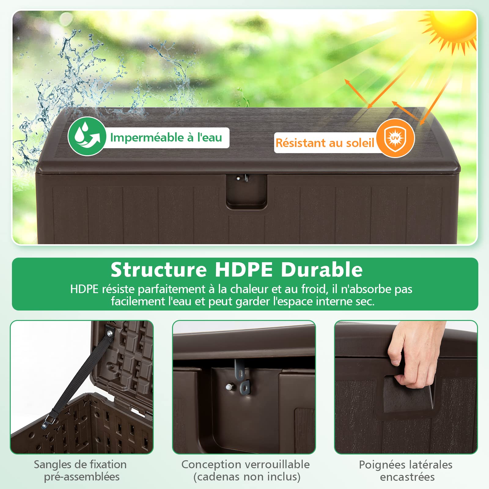 GOPLUS 400 L Coffre de Jardin Extérieur, Coffre de Rangement pour Patio avec Couvercle Verrouillable pour Maison Piscine Jardin,128 x 64 x 64 cm,