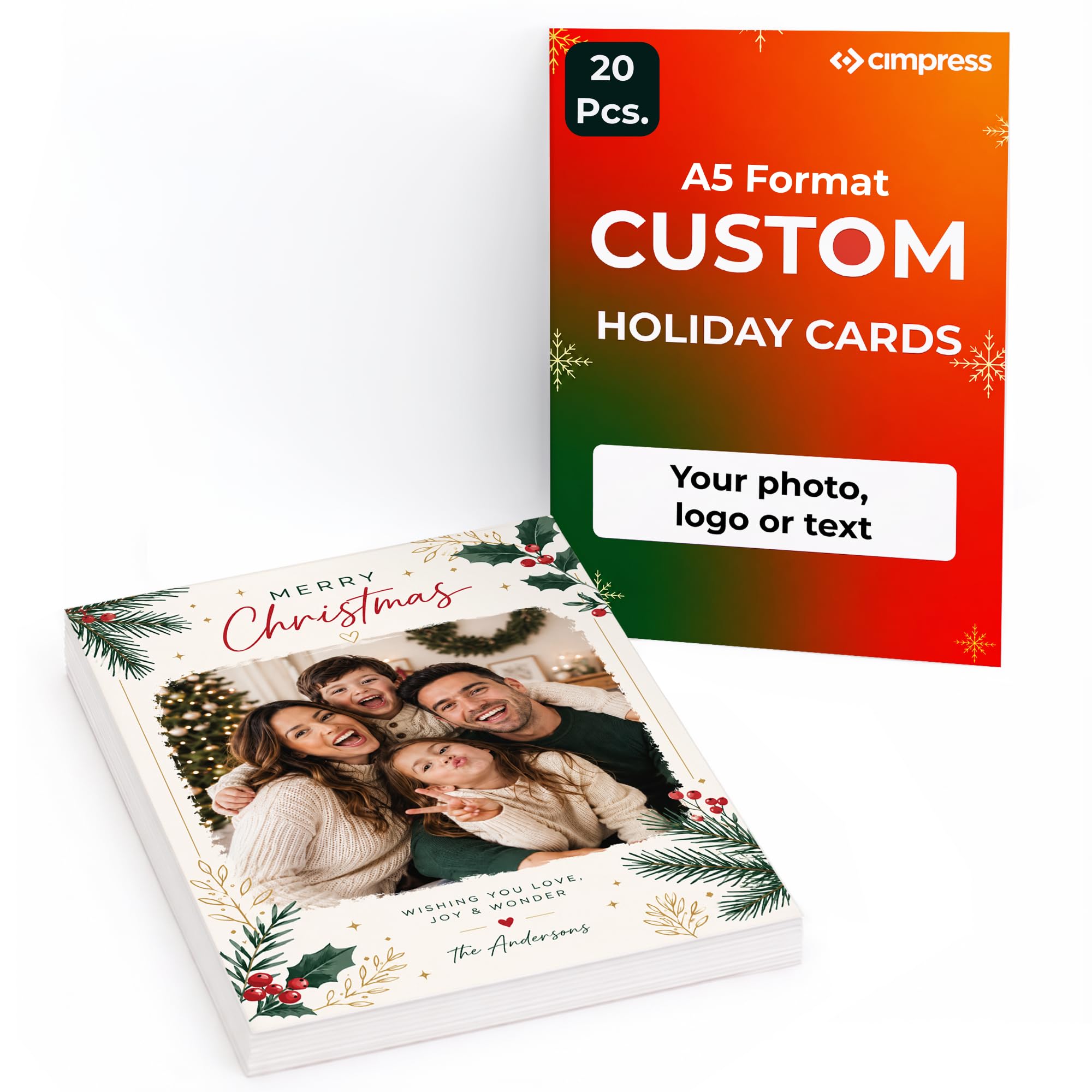 Cimpress Custom Holiday Cards, Photo/Logo/Text, A5 Vertical, Pack of 20