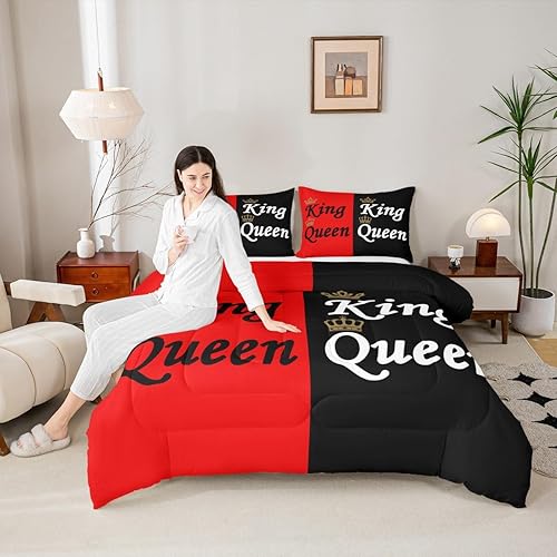 Miniatura 4 de Erosebridal Juego de ropa de cama con corona de tamaño King y Queen, color rojo y negro, juego de edredón para adultos, parejas, hombres y mujeres,