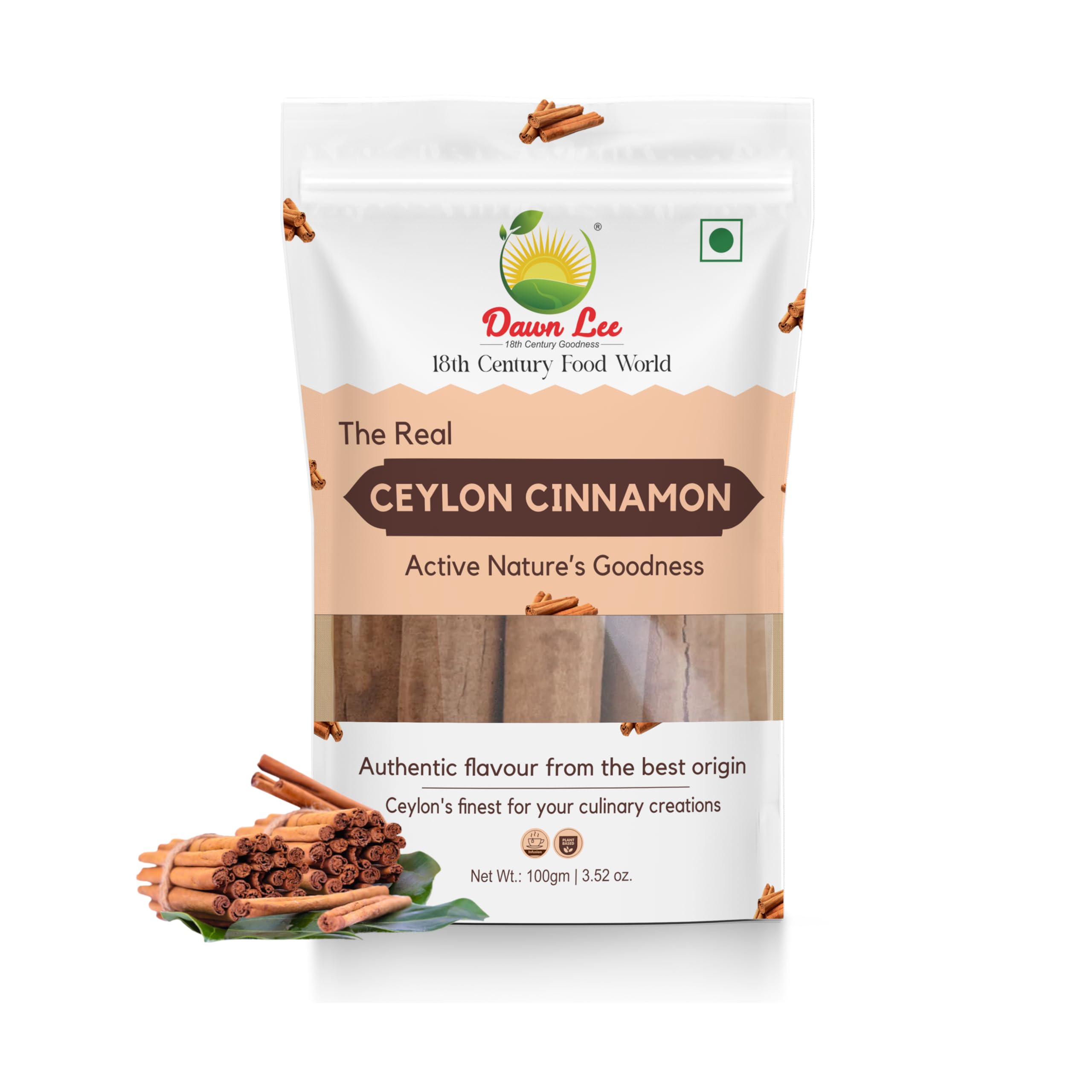 Dawn Lee Ceylon Cinnamon Sticks (Dalchini) 100g | True Sri Lankan Cinnamon Quills | 100% Natural, Pure, Sweet & Aromatic | Vegan, Gluten-Free & Resealable Pack | Ideal for Tea, Coffee, Desserts & Cooking