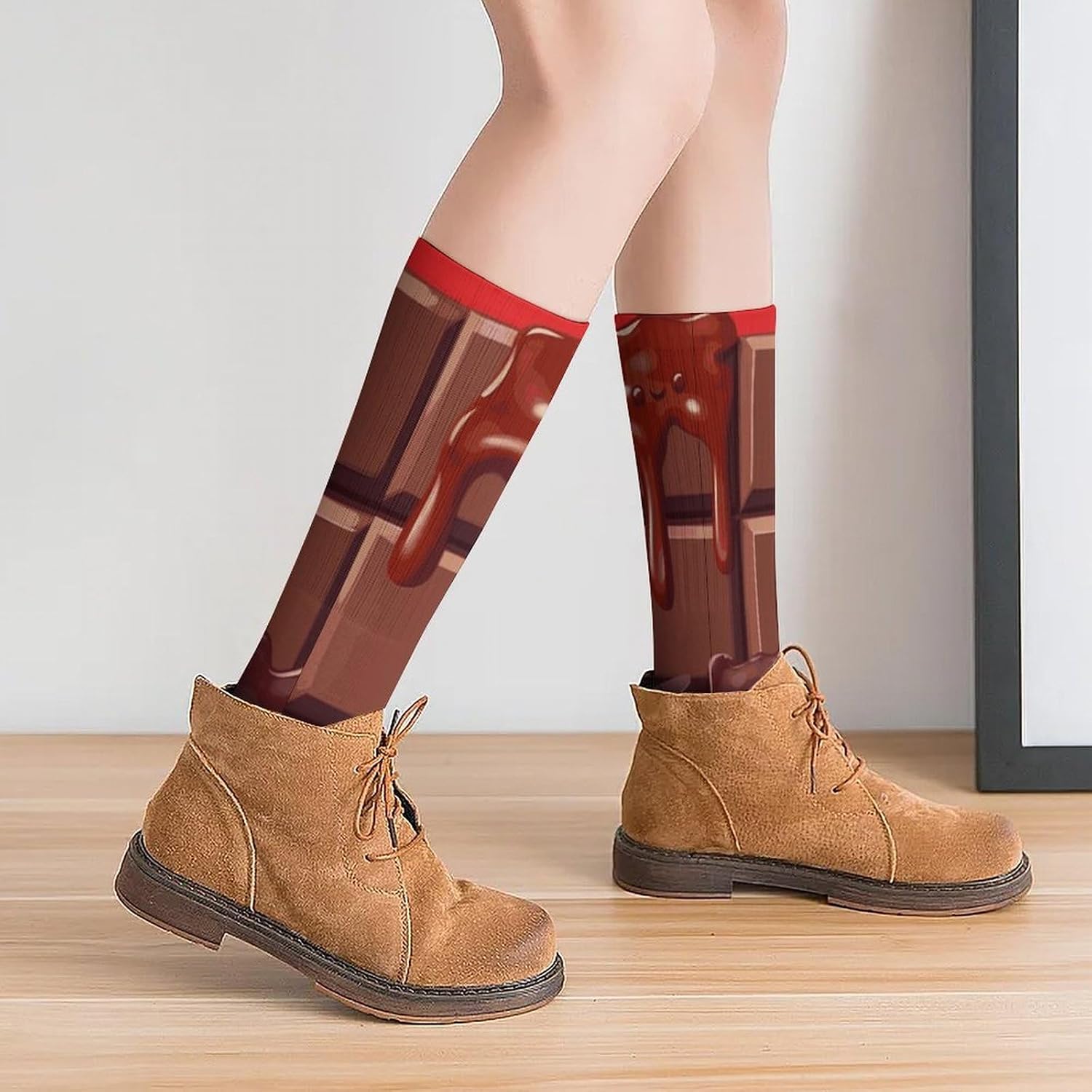 Breathable Crew Sock, Moisture Wicking, Athletic Calf Socks, Cozy | Cartoon Chocolate Compression Socks for Women Men, Lightweight High Work Socks for Business, Casual