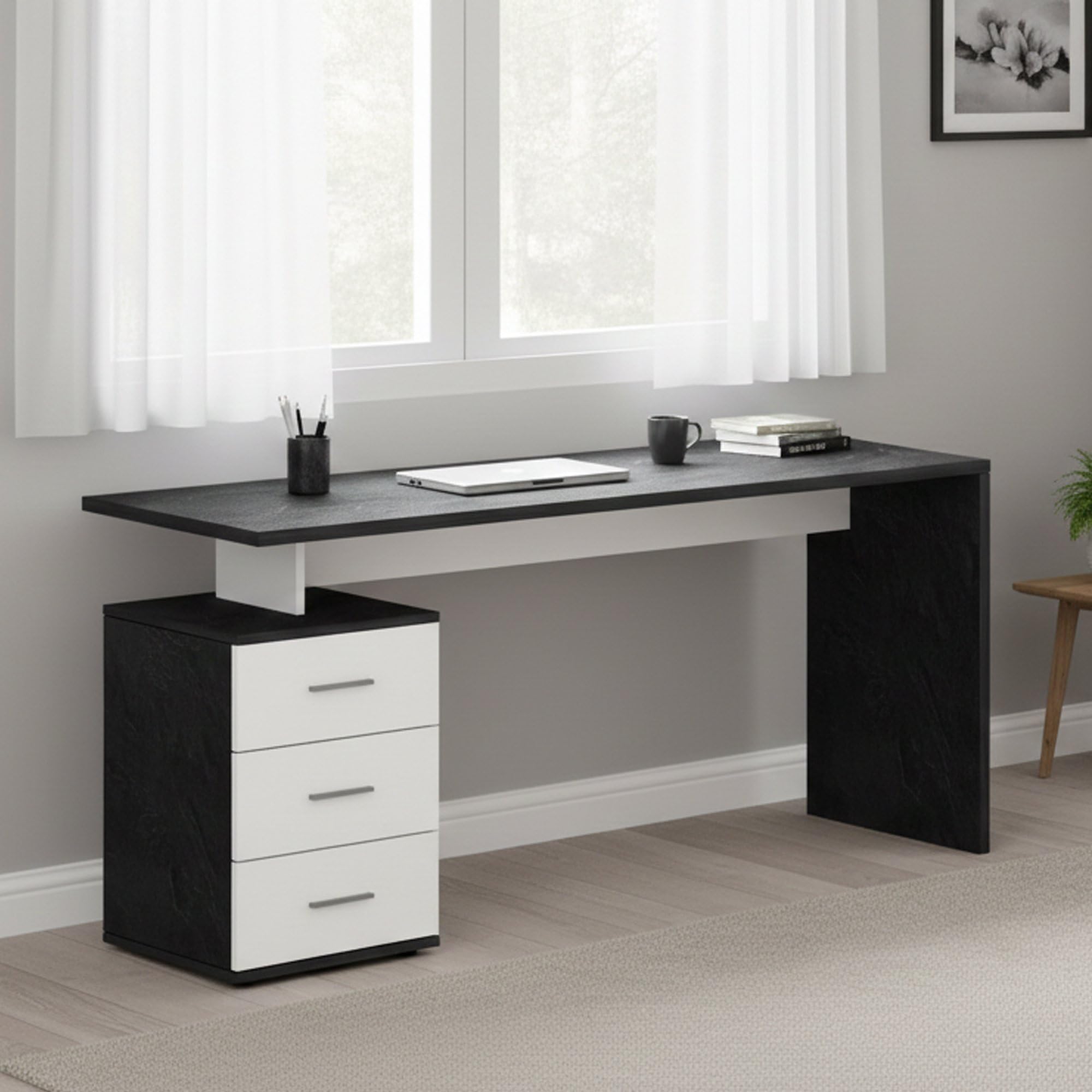 Dmora - Scrivania Siro, Scrittoio lineare, Scrivania ufficio multiuso, Scrivania salvaspazio multi posizione, 160x60h75 cm, Bianco e Ardesia