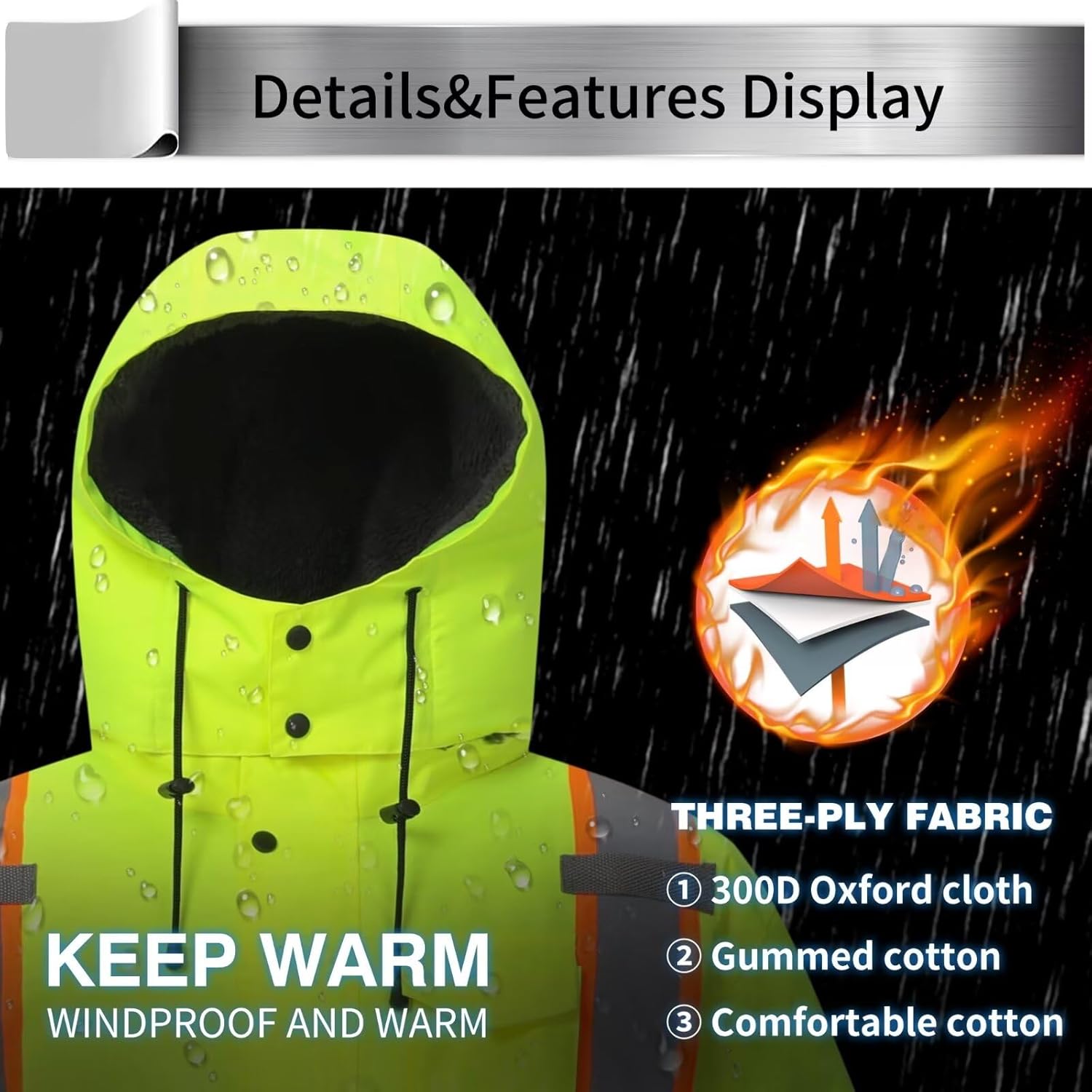 High Visibility Hoodie For Men Reflective Safety Jacket Zipper Men'S/Women'S Construction Work Safety Insulated Parka