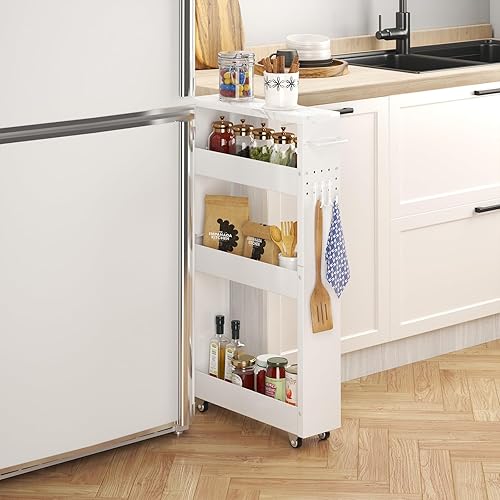 Miniatura 2 de Carrito de almacenamiento delgado, 5 pulgadas de ancho, carrito rodante blanco de 4 niveles con asa y parte superior de madera para cocina, baño,