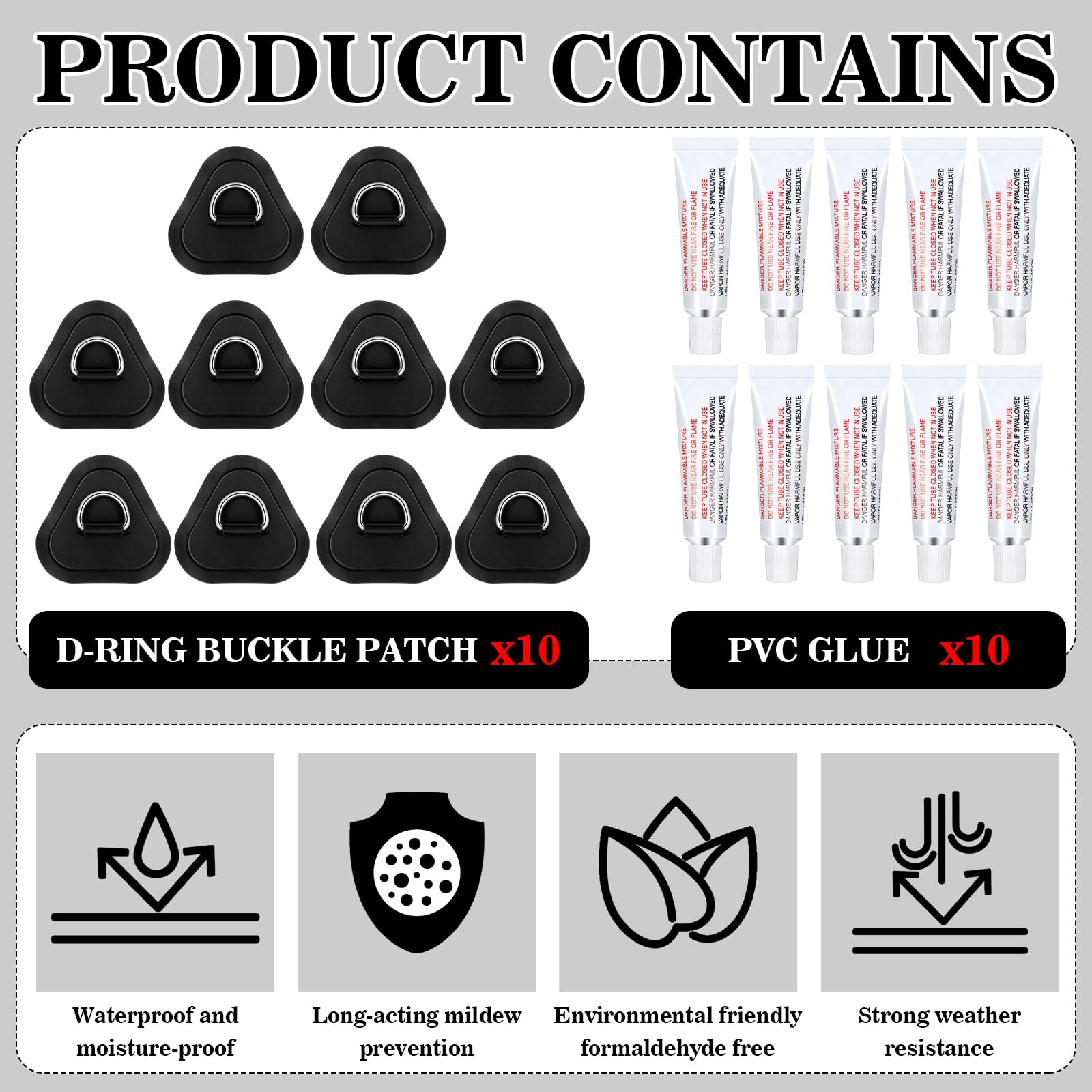 Newwiee 10 D Ring PVC Patch for Inflatable Boat With10 Liquid Waterproof Repair Patch Cement Inflatable Repair Set for Inflatable Boat Dinghy Sup Kayak Surfboard Rafting Canoe