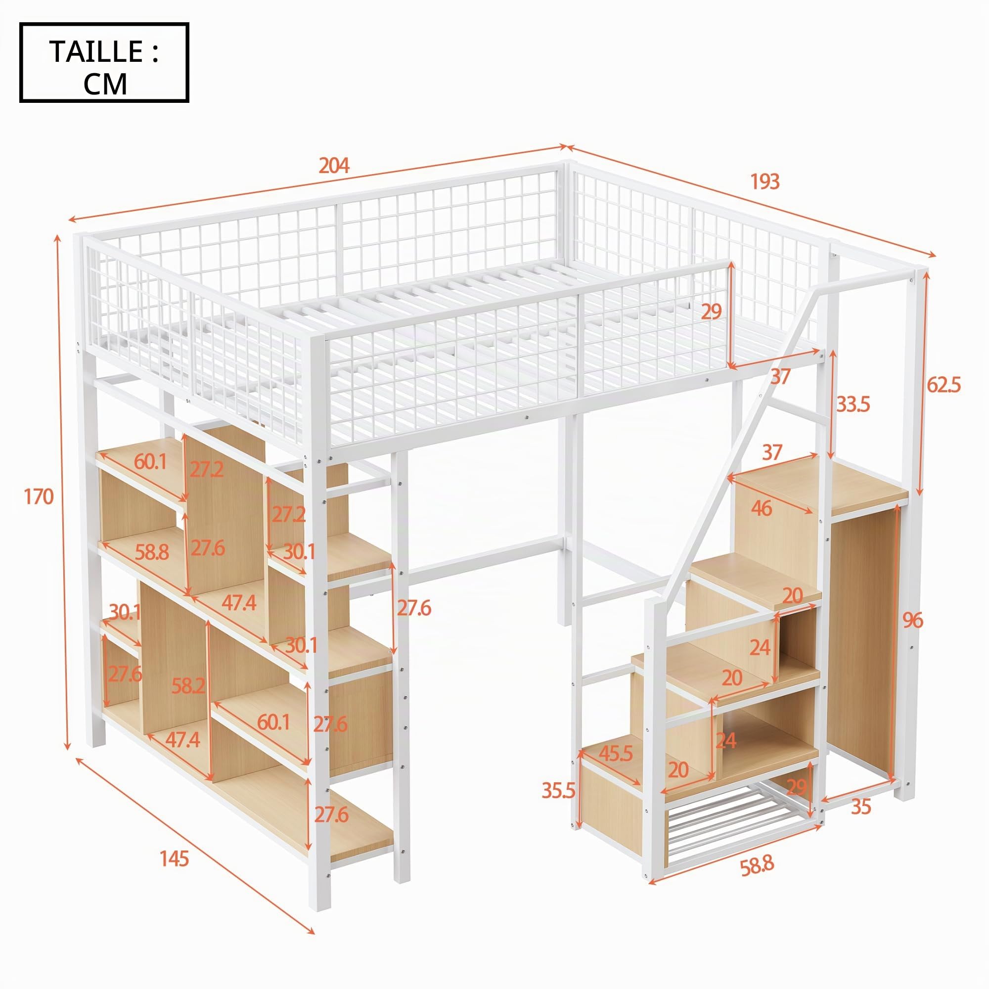 Merax Métal Lit Mezzanine 140 x 200 cm avec Étagère, Multifonctionnel Lit Mezzanine 2 Place avec Espace de Stockage, pour Enfant, Blanc (sans Matelas)