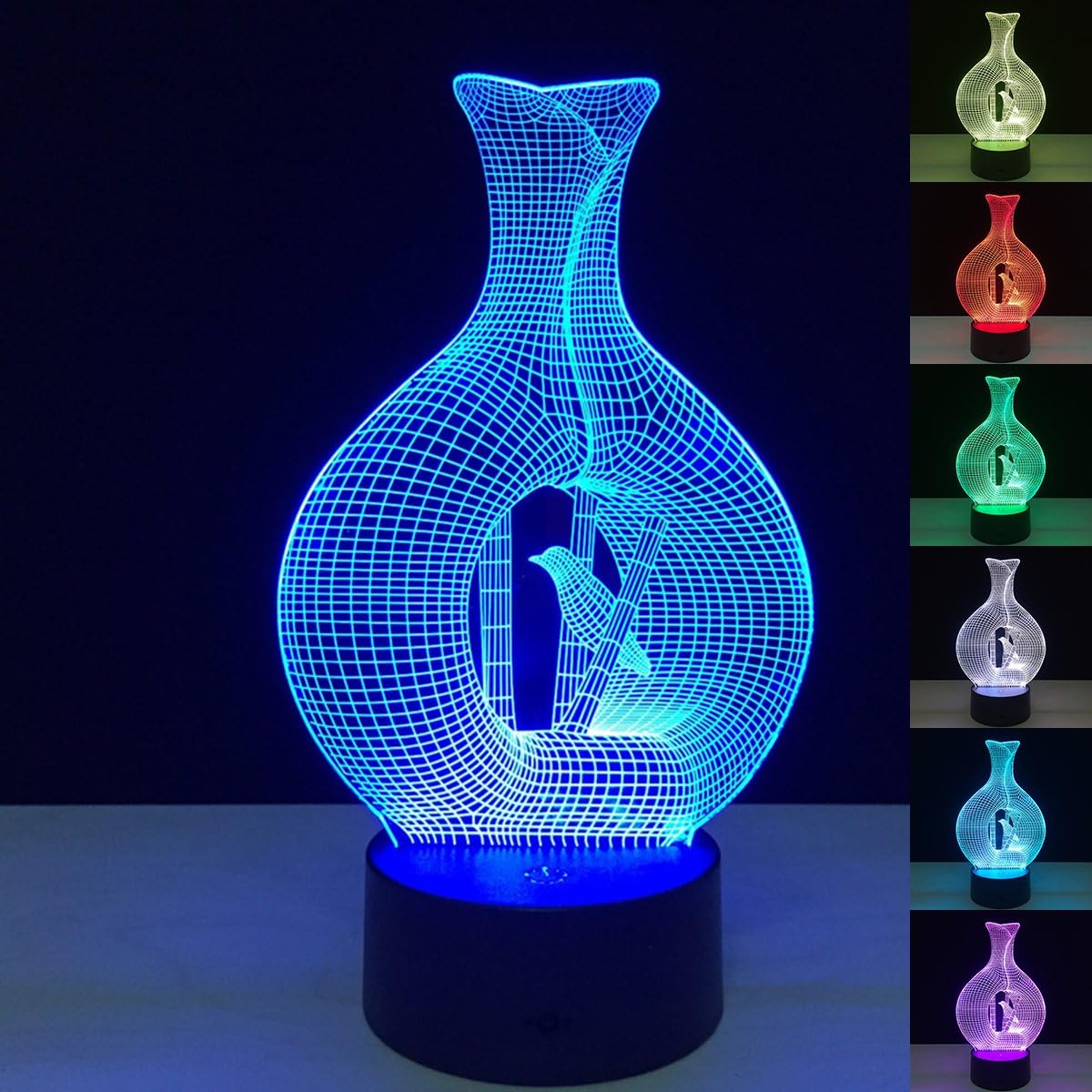 XJCKING 3D Amazing Caged Bird Optical Illusion Desk Lamp, 7 Colors Change Touch Switch LED Table Lamp Children's Night Light for Home Decoration Household Bedroom Lighting