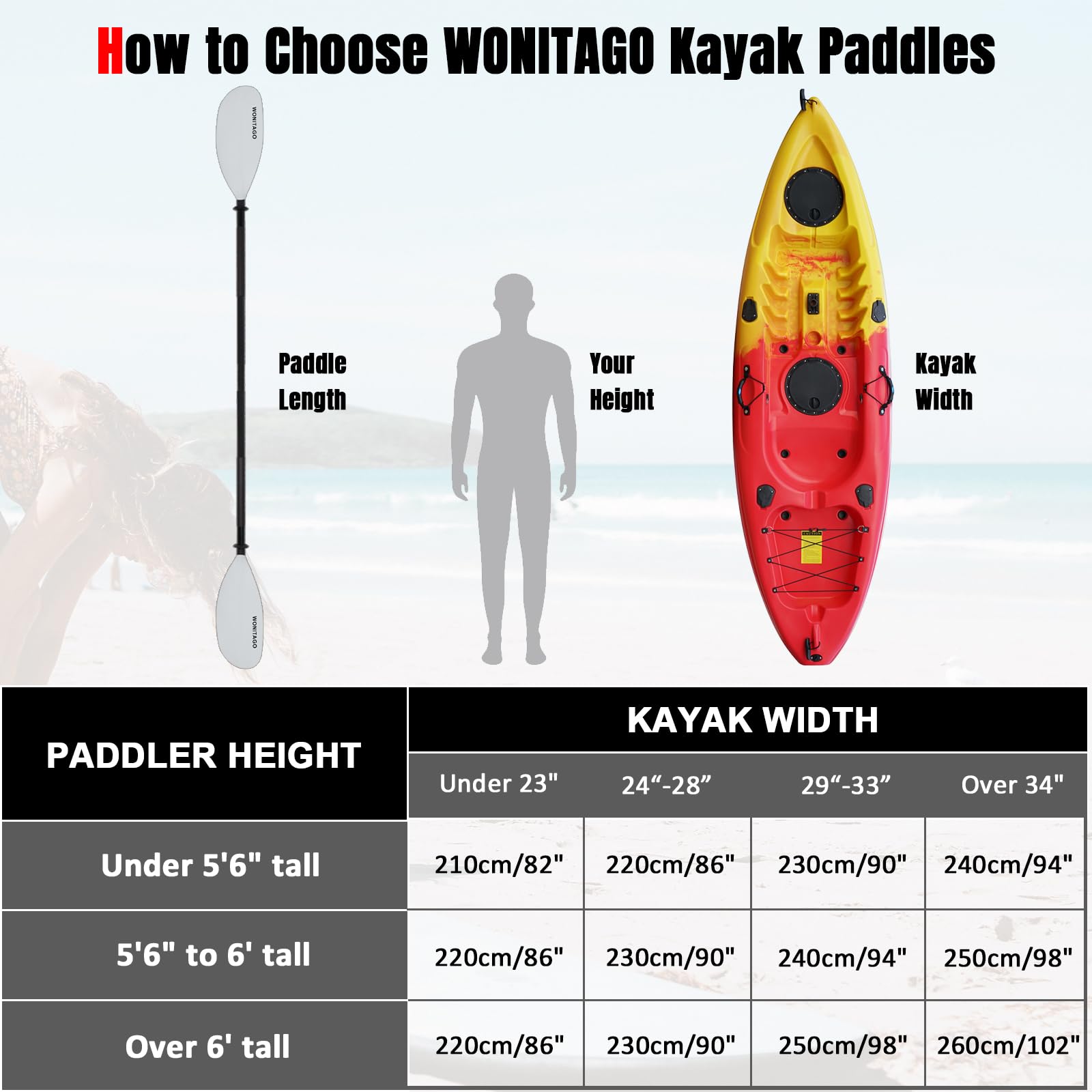 Kajakpaddel mit Legierungsschaft und PP-Klinge, schwimmende Kajak-Ruder, verstellbar 230-250 cm/90-98 Zoll, 210-230 cm/82-90 Zoll