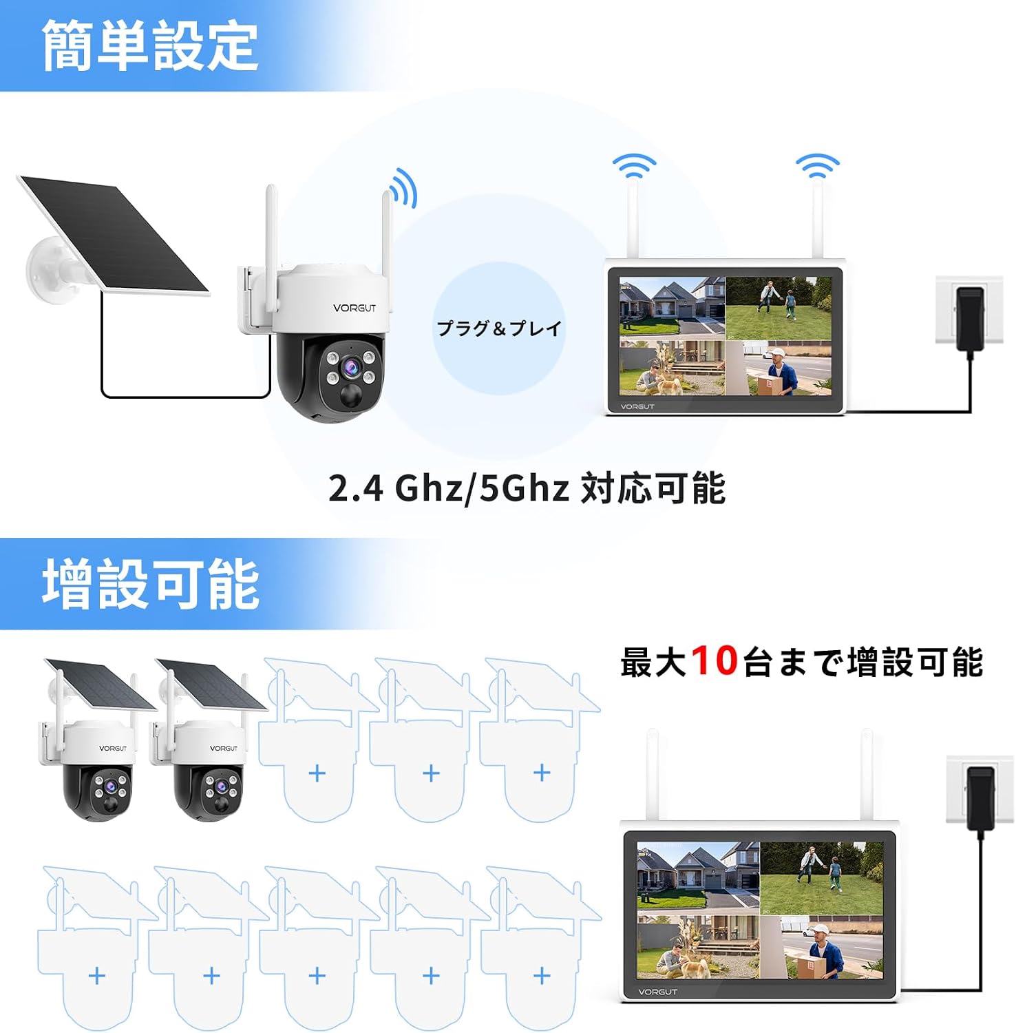 防犯カメラ 屋外 モニター付き 2.4Ghz/5Ghz対応 400万画素 防犯カメラ ソーラー 2台セット 監視カメラ 【明るさ】