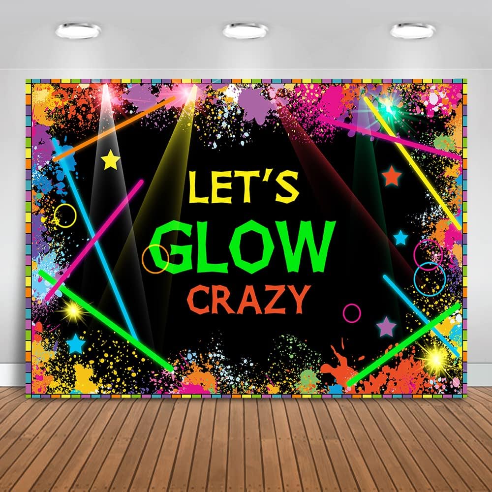 MocsickaLet’s Glow Crazy Backdrops Glow Birthday Party Banner Decoration 7x5ft Vinyl Laser Neon Splatter Paint Photo Booth Backdrops