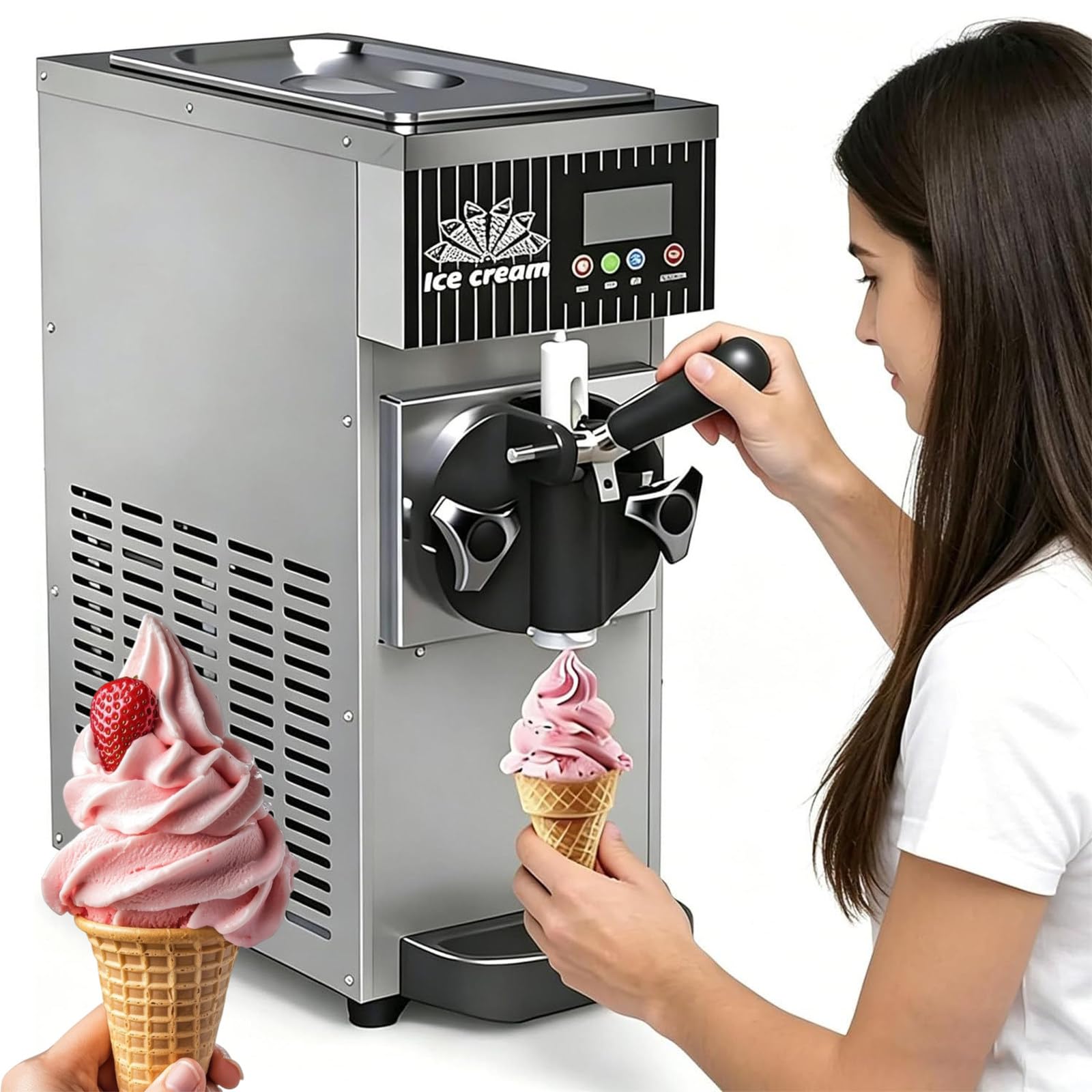 ZEEKYFOR Single Flavor Ice Cream Machine, 450/750W Countertop Soft Serve Ice Cream Maker, 4-8kg/H Output, 2.5/3.5L Hopper,1/1.2LFreezing Tank, Auto Clean/LCD Panel for Dessert Shops 3.5L Metallic