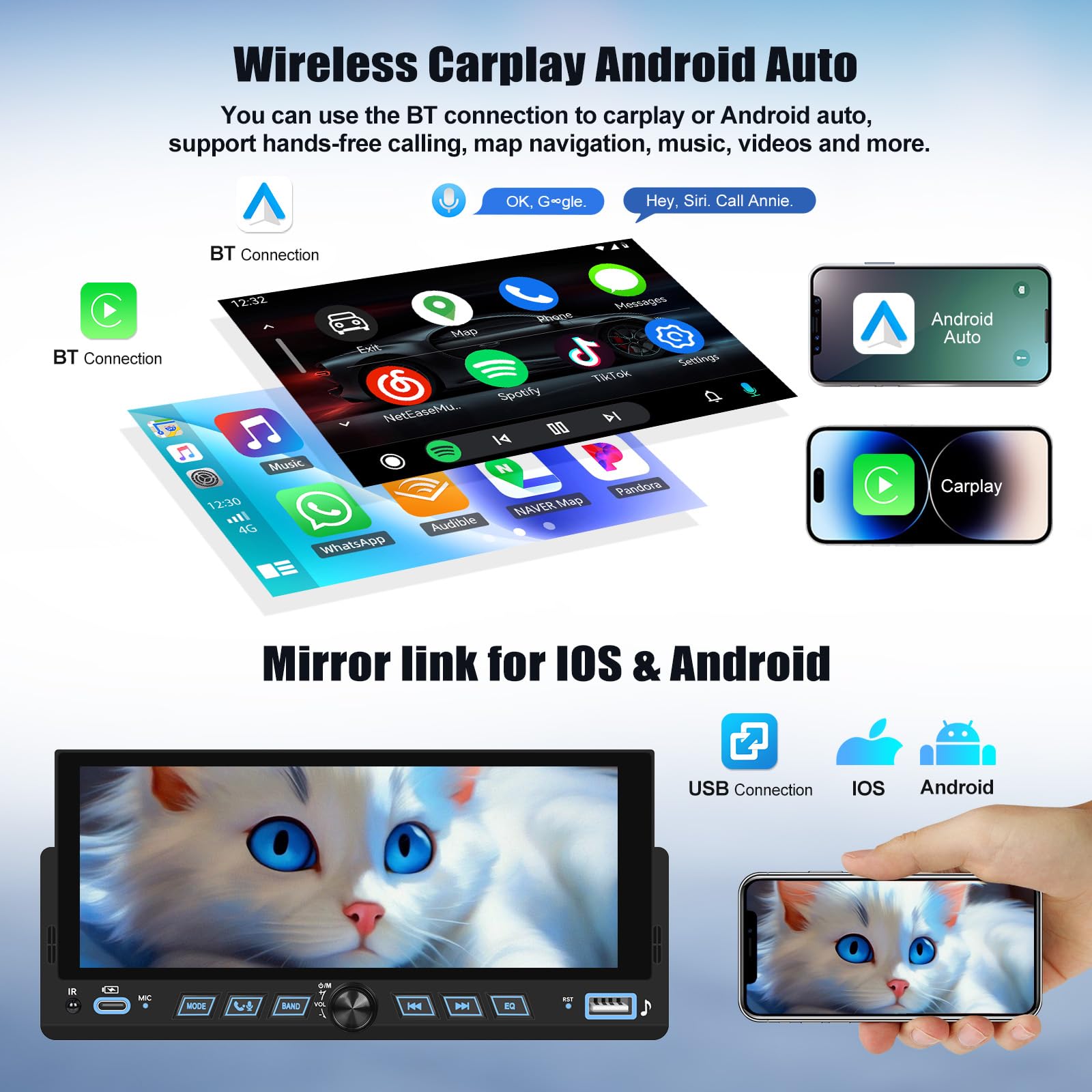 CAMECHO Autoradio 1 Din, Carplay Voiture Android Auto sans Fil, Poste Radio Bluetooth avec Écran Tactile LCD 6.86 Pouces Écran HD avec Lien Miroir Contrôle Au Volant + Connecteurs USB Type-C