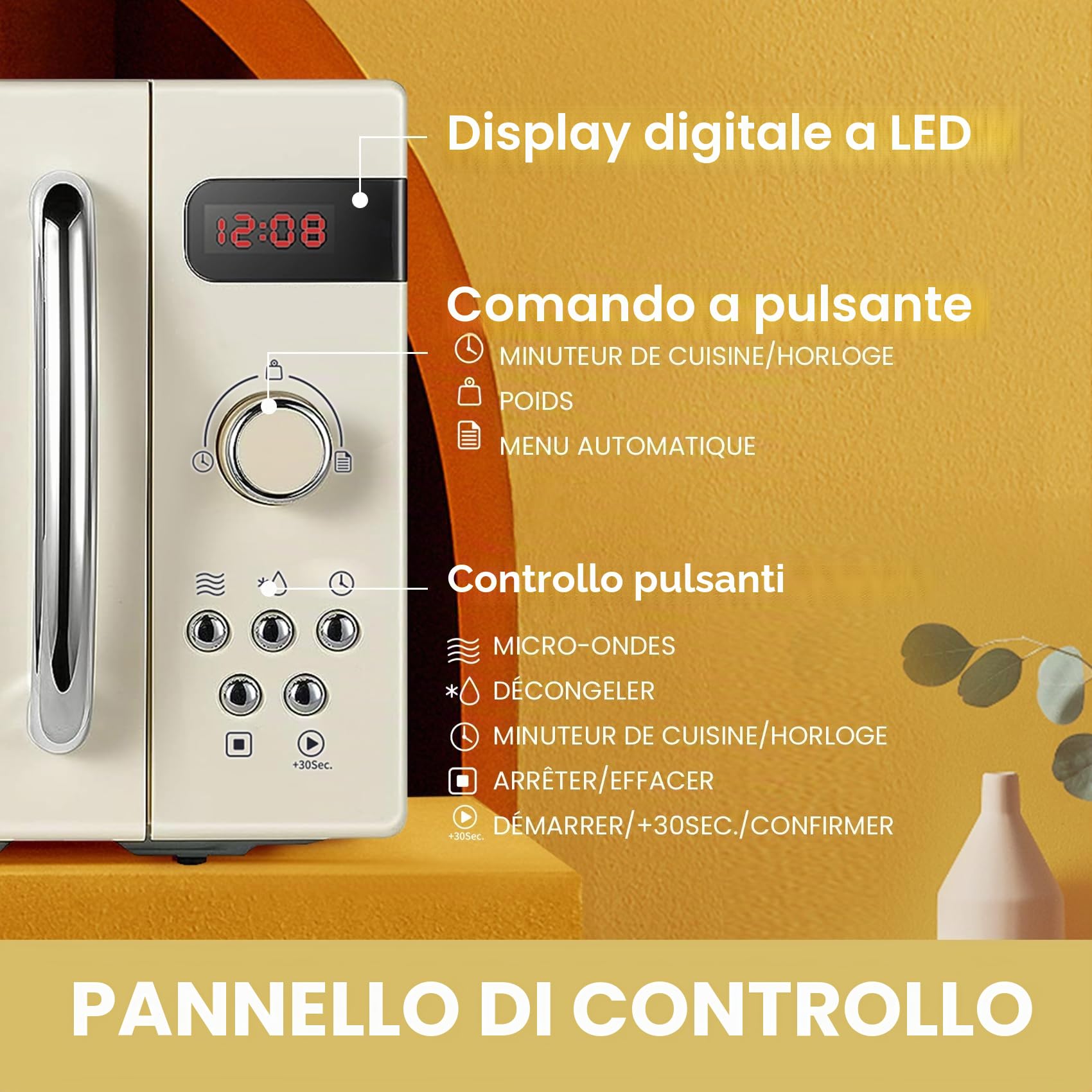 Comfee CMSRO 20 di cr Forno a microonde Retrò con 8 Menu Automatici, 5 Livelli di Potenza, Pulsante di Cottura Rapida, 20L, 800W, Crema