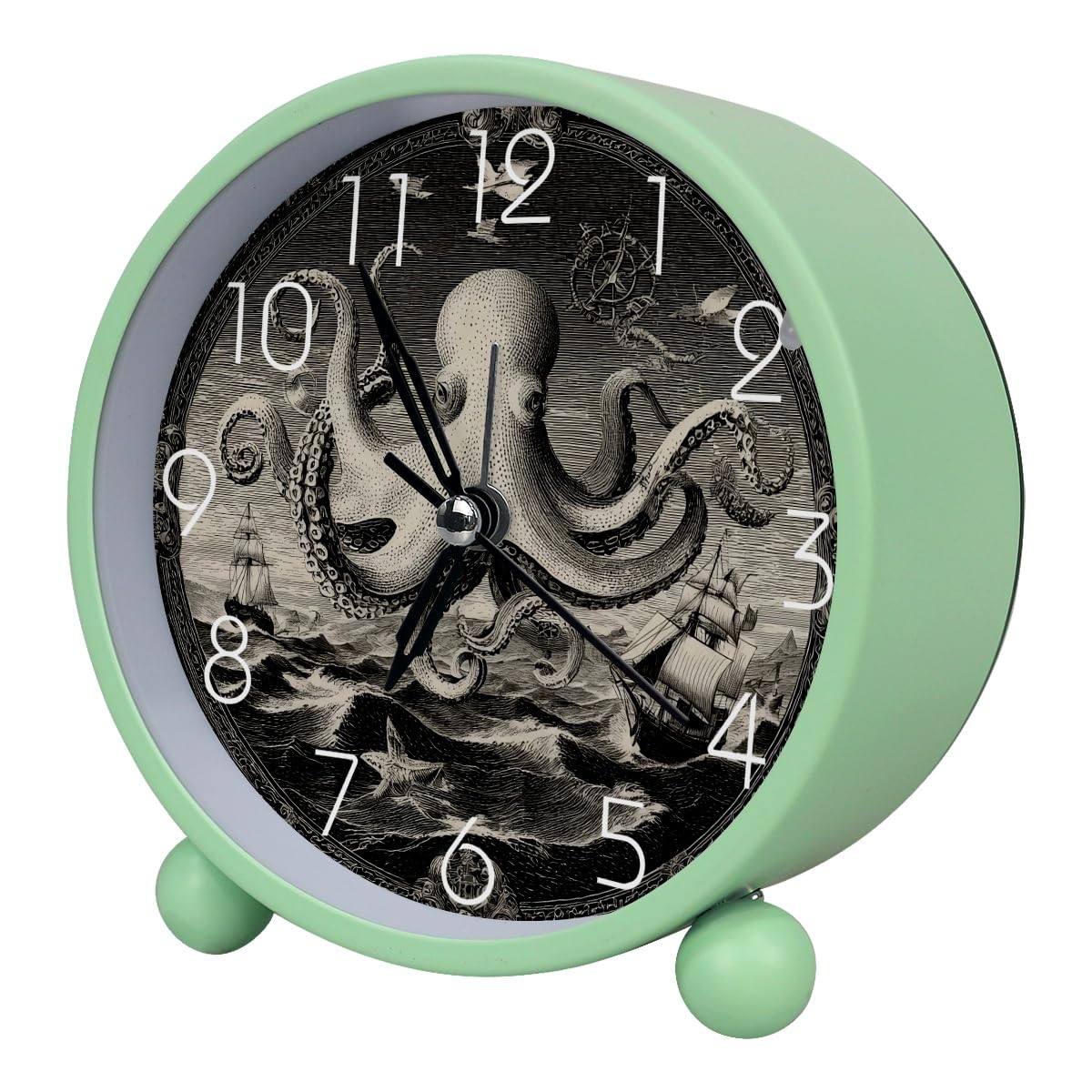 Luoweisi Analog Alarm Clock Octopus Vintage, Silent Non-Ticking with Night Light, Battery Operated, Round Desk Alarm Clock for Office, Bedroom, Elderly, Adults, Children, Student Gifts