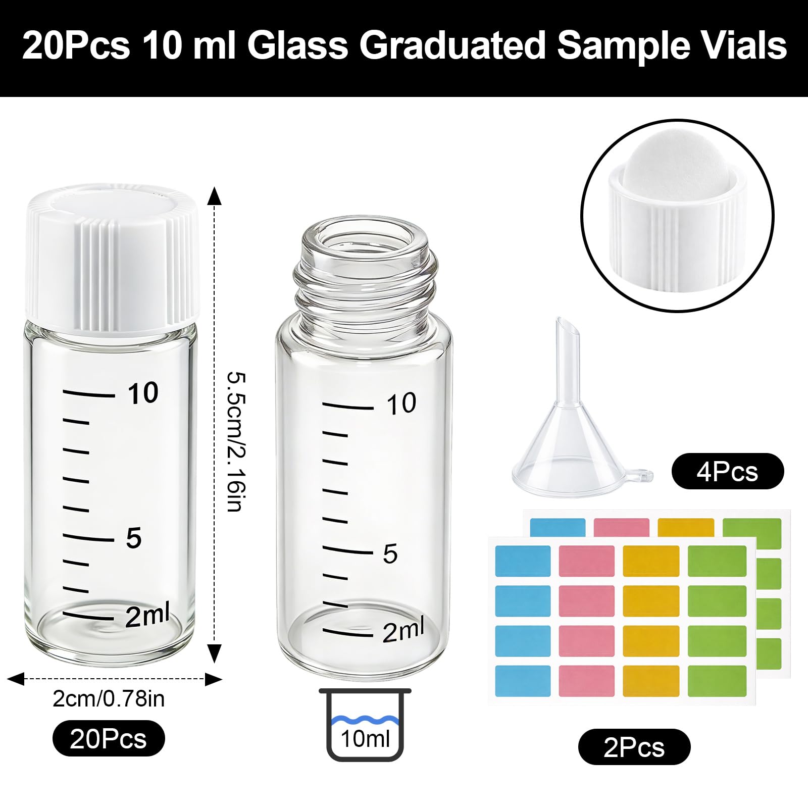 20 flaconcini di campione da 10 ml, piccole fiale di vetro con tappo a vite bianco, trasparente, campionamento di vetro, mini bottiglie di vetro con scala, flaconcini da laboratorio per