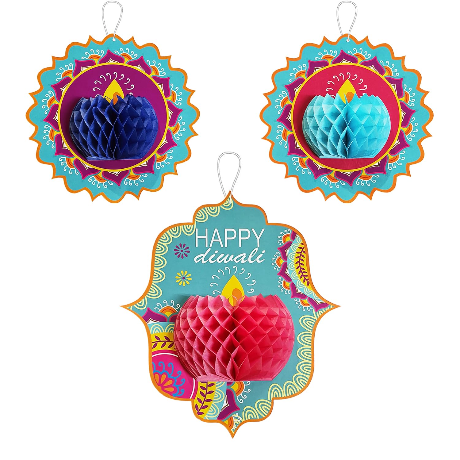 Rozi Decoration Happy Diwali Hanging Decoration Items Swirls with Honeycomb Design for Happy Deepawali Wall Décor, Home, Office, Garden Deepavali Deccoration Items Pack of 3 Pcs