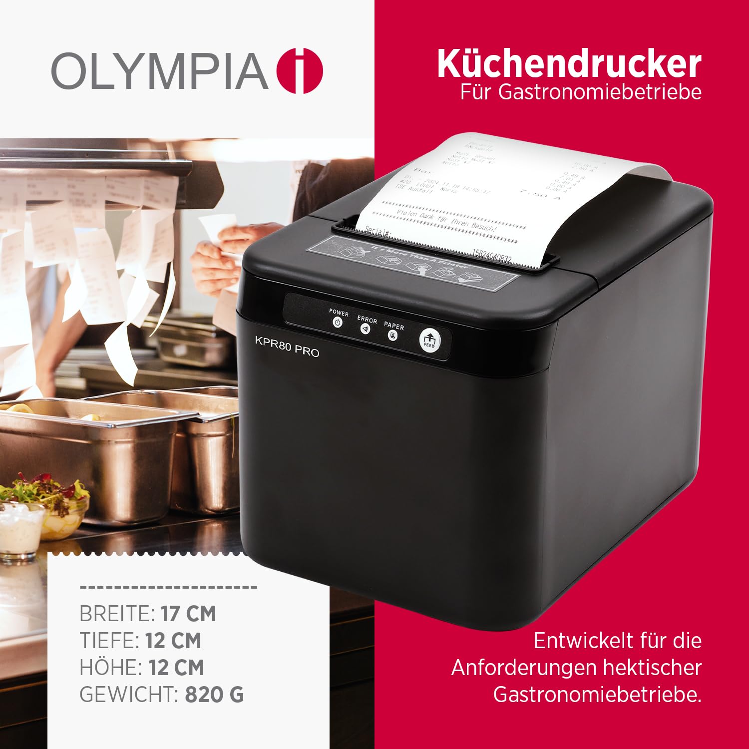 Olympia KPR 80 PRO | Bondrucker mit USB & LAN | Thermodrucker für 80 mm Bonrollen | Schneller Kassendrucker mit 230 mm/s für POS & Gastronomie | Kompakter Belegdrucker in Schwarz