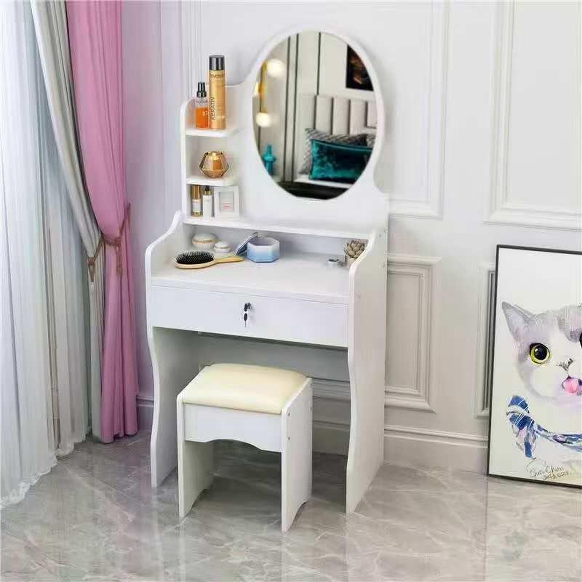 GrecoShop Scrivania Bambini Toeletta Vanity Table Tavolo Trucco Specchio Ovale e Sgabello, Mobile Make‑Up+Cassetto e Ripiani, Postazione Trucco per Ragazze e Bambine, Arredo Bianco per Camera da Letto