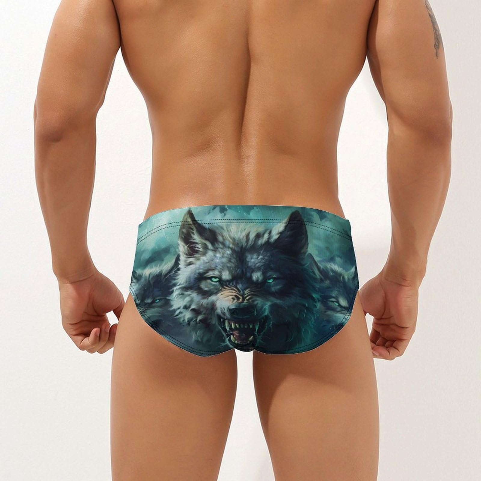 Wolf Mens Swim Briefs Bikini Swimwear Print Beach Shorts Sexy Swimsuit 2XL