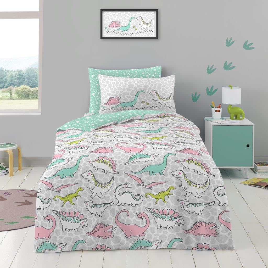 Lions Boys Multicolor Single Duvet Cover Set - Dinosaur Bedding For Kids Girls - Reversible Animal Printed Quilt Covers With Matching Pillowcase, T-Rex Dino Pattern, 137X200cm