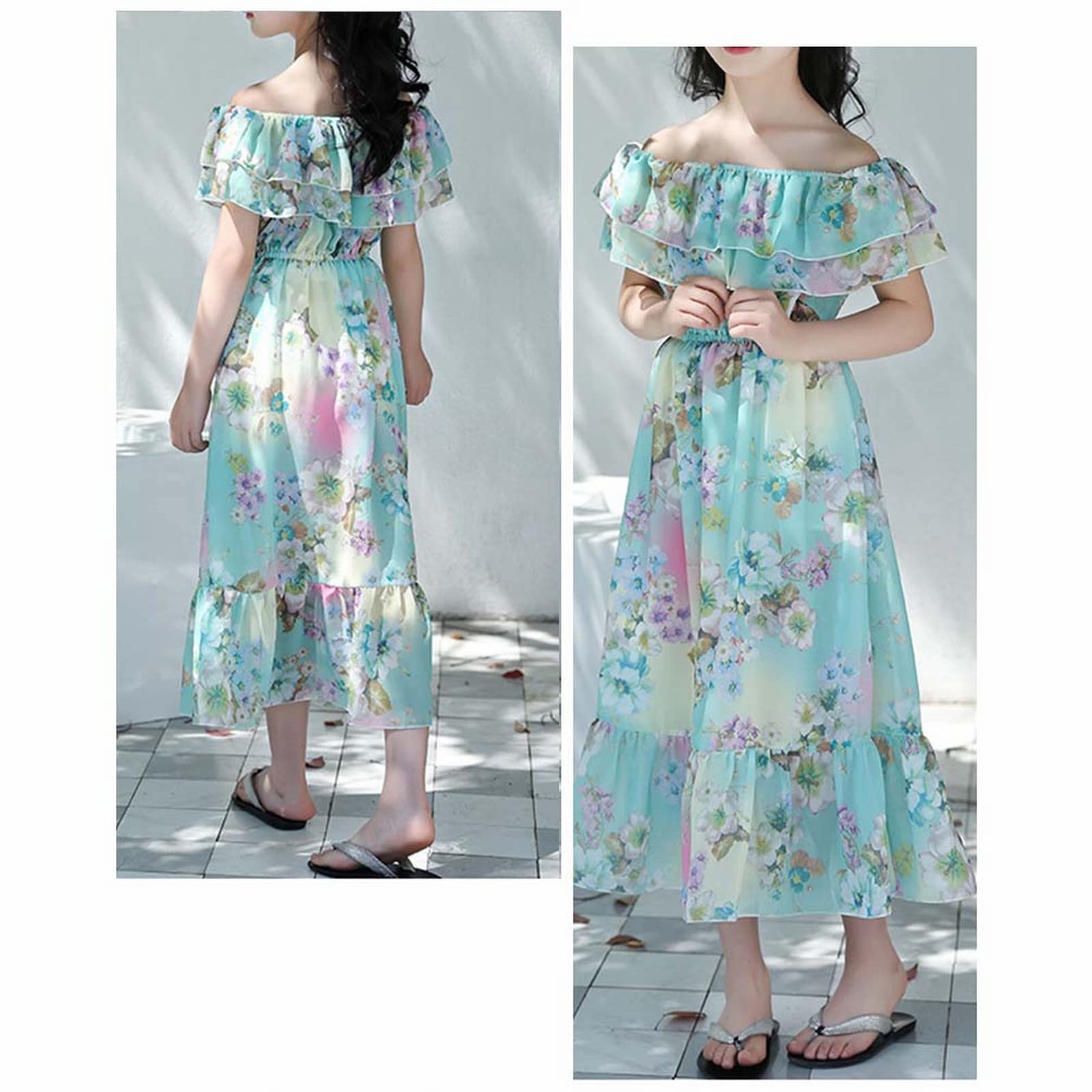Kleid Kinder Mädchen - Chiffonkleid FüR Mädchen Im Sommer Im AusläNdischen Stil Mittellang Strand Schulterfrei Blumenkleid FüR GroßE Kinder Eignet Sich Als Hochzeitskleid FüR BlumenMädchen
