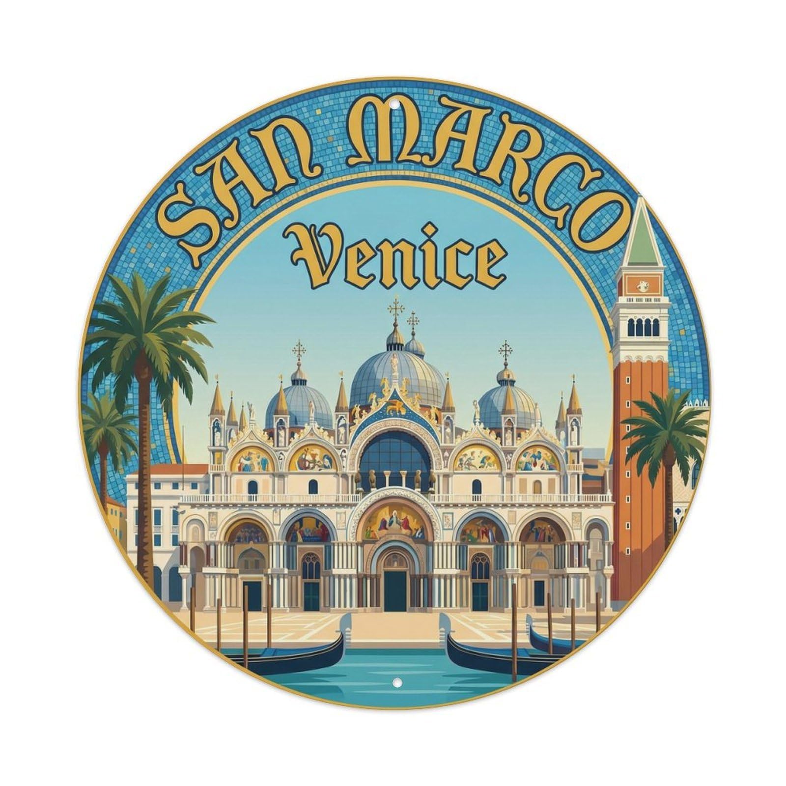 Vintage Travel San Marco Basilica Metal Tin Sign Plaque Wall Decor for Cafe, Club, Garden Round Metal Poster 8x8Inch