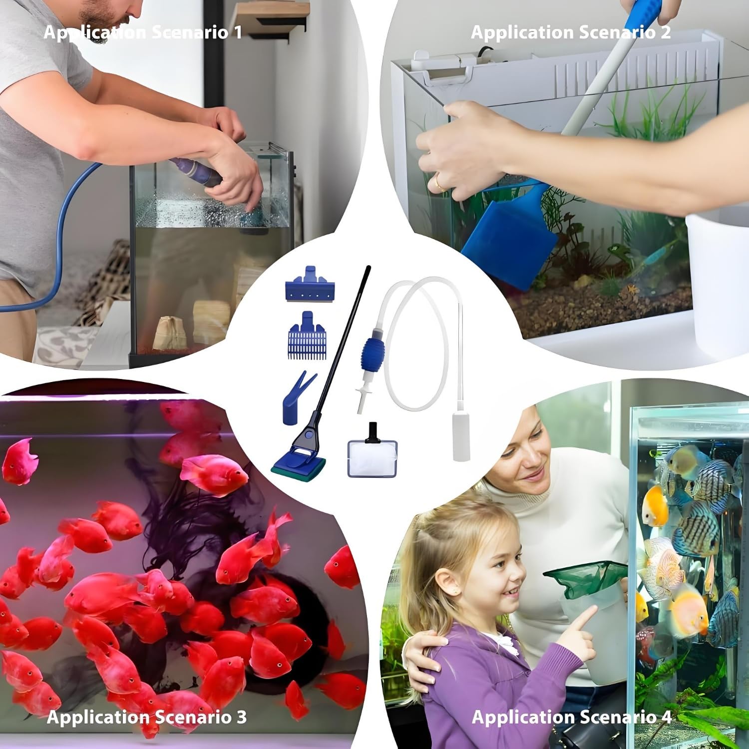 Set Di Pulizia Per Acquario, Pulitore Di Ghiaia Per Acquari, Detergente Per Acquario Accessori, Cambio d'Acqua Per Acquario Detergente, Con 5 Accessori Rimovibili, Per Manutenzione Ordinaria