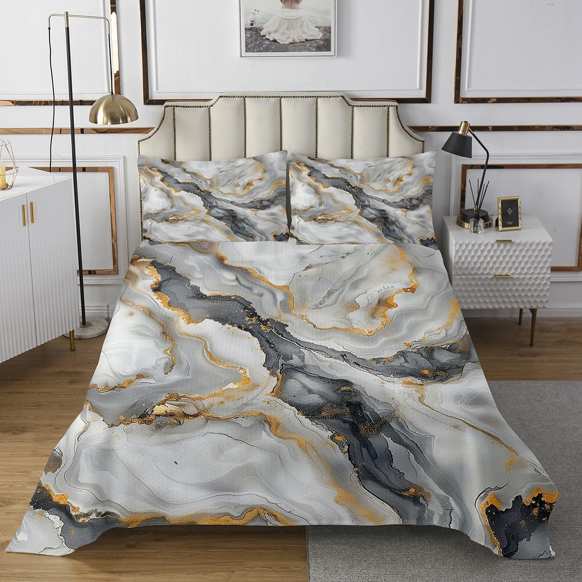 Artwork Glitter Print Bedspread King,Marbling Abstract Stone Texture Quilted Coverlet 3pcs for Adults Teens Room Decor,Marble Print Soft Breathable Bedding Quilt