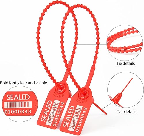 Miniatura 5 de LeadSeals 500 sellos de código de barras de plástico rojo, sellos secuencialmente seriales de plástico de seguridad, lazos de cremallera Numberd,
