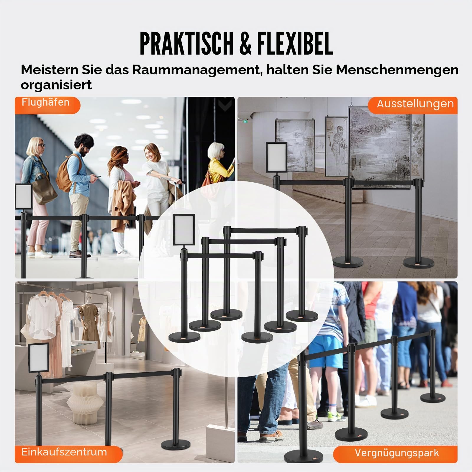 VEVOR Personenleitsystem Absperrband Absperrständer 6-teilig, 2 m x 48 mm Schwarzer Einziehbarer Gürtel, Personenleitsystem Absperrpfosten mit Schildern für Flughäfen, Messen, Wettkampforte usw.