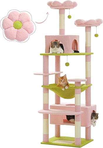 PAWZ Road Árbol de flores para gatos, torre grande para gatos de 72 pulgadas con hamaca de marco de acero y 7 postes rascadores, árbol alto para