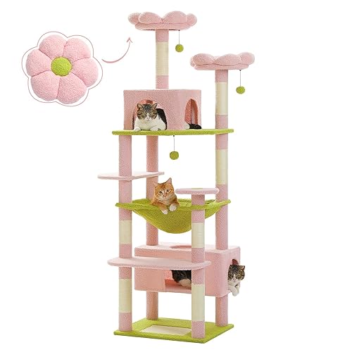 PAWZ Road Flower Cat Tree, 72 Inches Large Cat Tower with Steel Frame Hammock and 7 Scratching Posts, Tall Cat Tree with 2 Condos and Perches for Large Indoor Cats - Pink - 72" - Pink