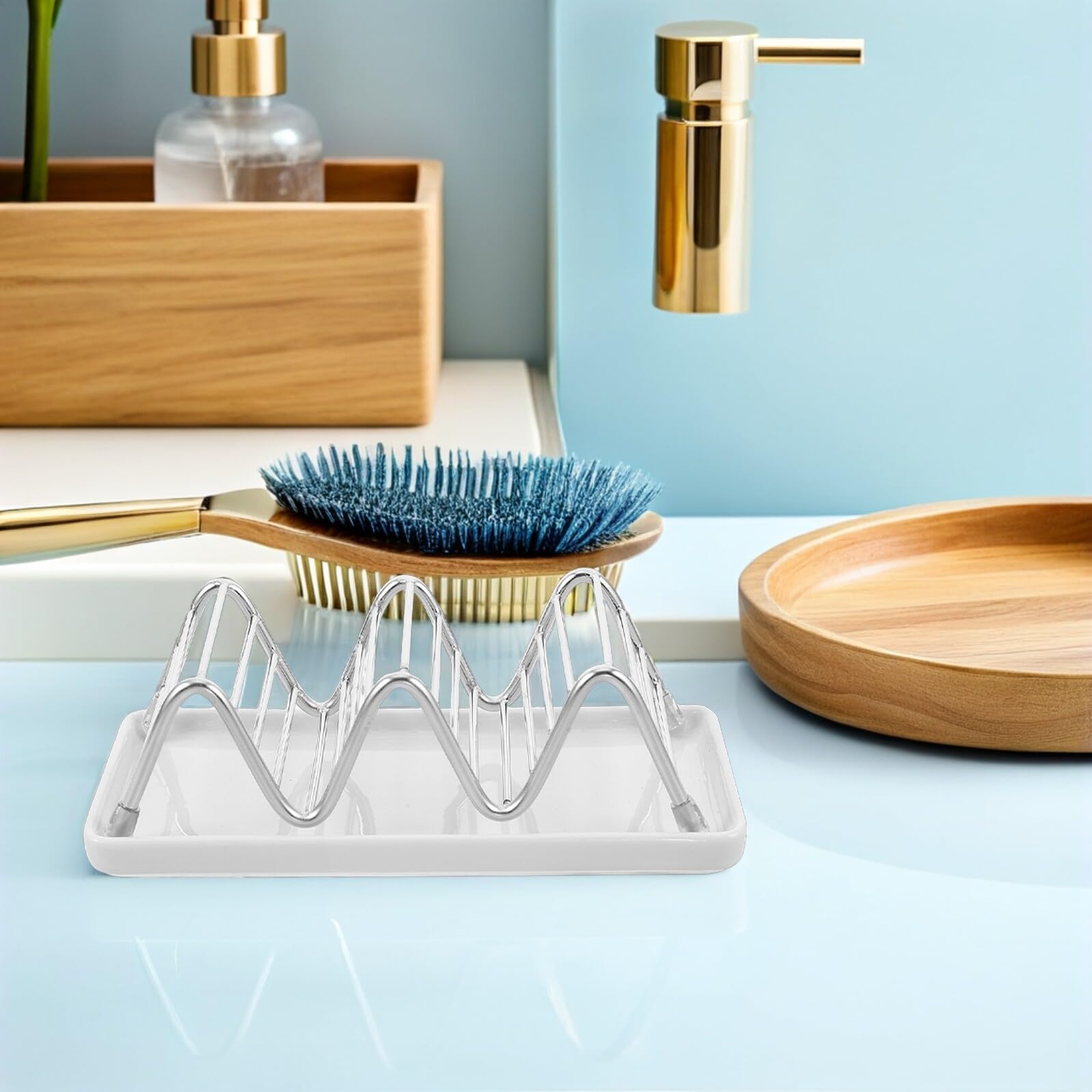 Portasaponi in Acciaio Inox con Piatto in Ceramica Vassoio di Drenaggio Forma di W per Bagno e Cucina Dimensioni Base Antiscivolo
