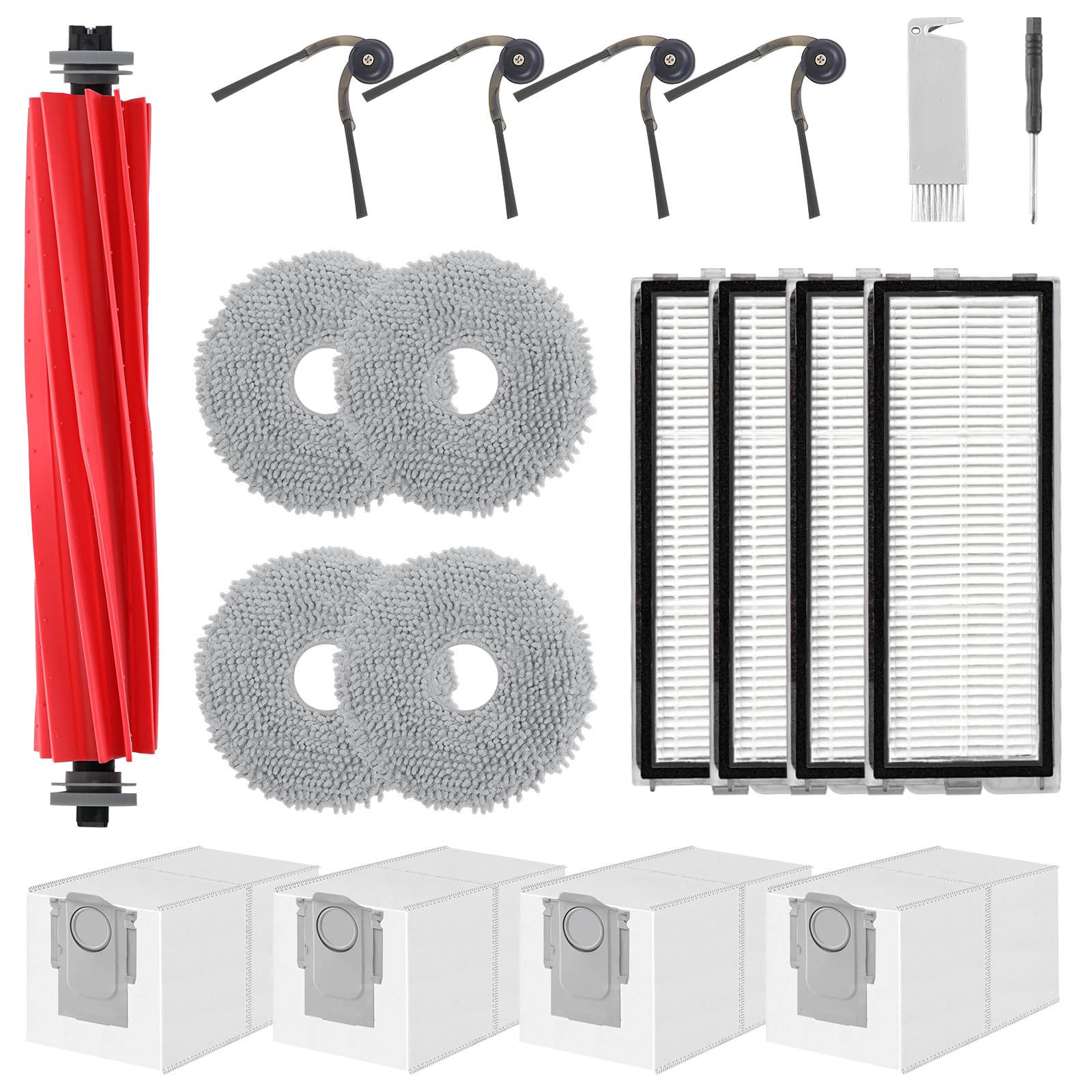 VIEWALL QV 35A Zubehör für Roborock QV 35A/QV 35S/QR 598/QR 798 Staubsauger 1 Hauptbürsten,4 HEPA-Filter,4 Staubbeutel,4 Wischtücher,4 Seitenbürsten,1 Bürste,1 Schraubendreher,19 pcs Ersatzteilset