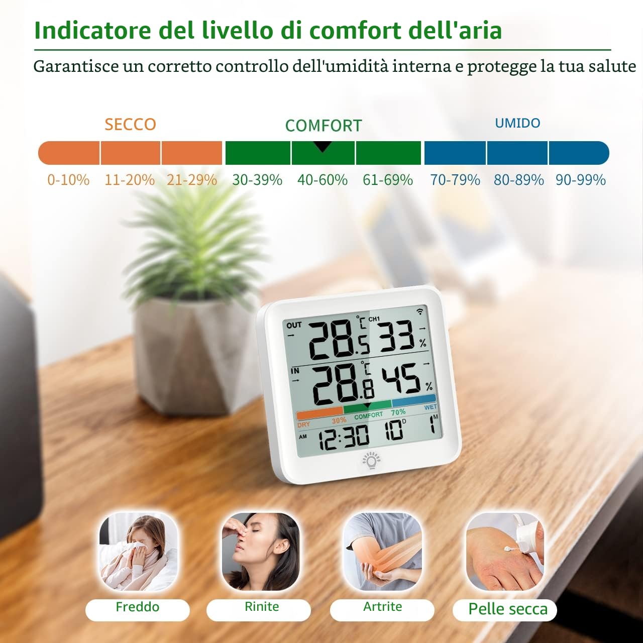 VOCOO Termometro Igrometro Wireless Digitale per Interno Esterno,Monitor di umidità Misuratore di Temperatura e Umidità con 1 Sensori Remoti,Retroilluminazione, Icona Comfort Tendenza, 100m Range