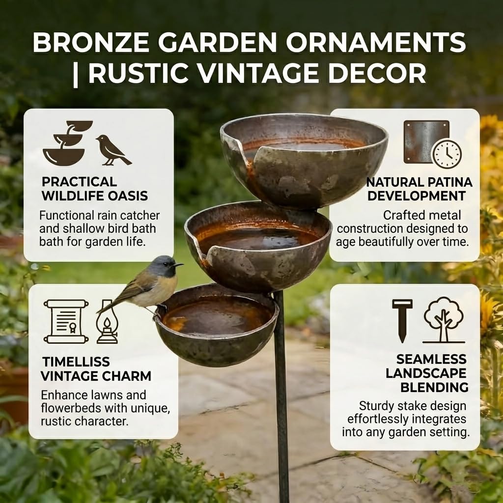 Bronze Rain Catcher Garden Stake, 68x12x5cm 3-Tier Metal Rain Catcher for Garden & Bee Watering Station, Decorative Wildlife Water Bowl, Small Bird Baths & Garden Ornaments for Outdoor，2PCS