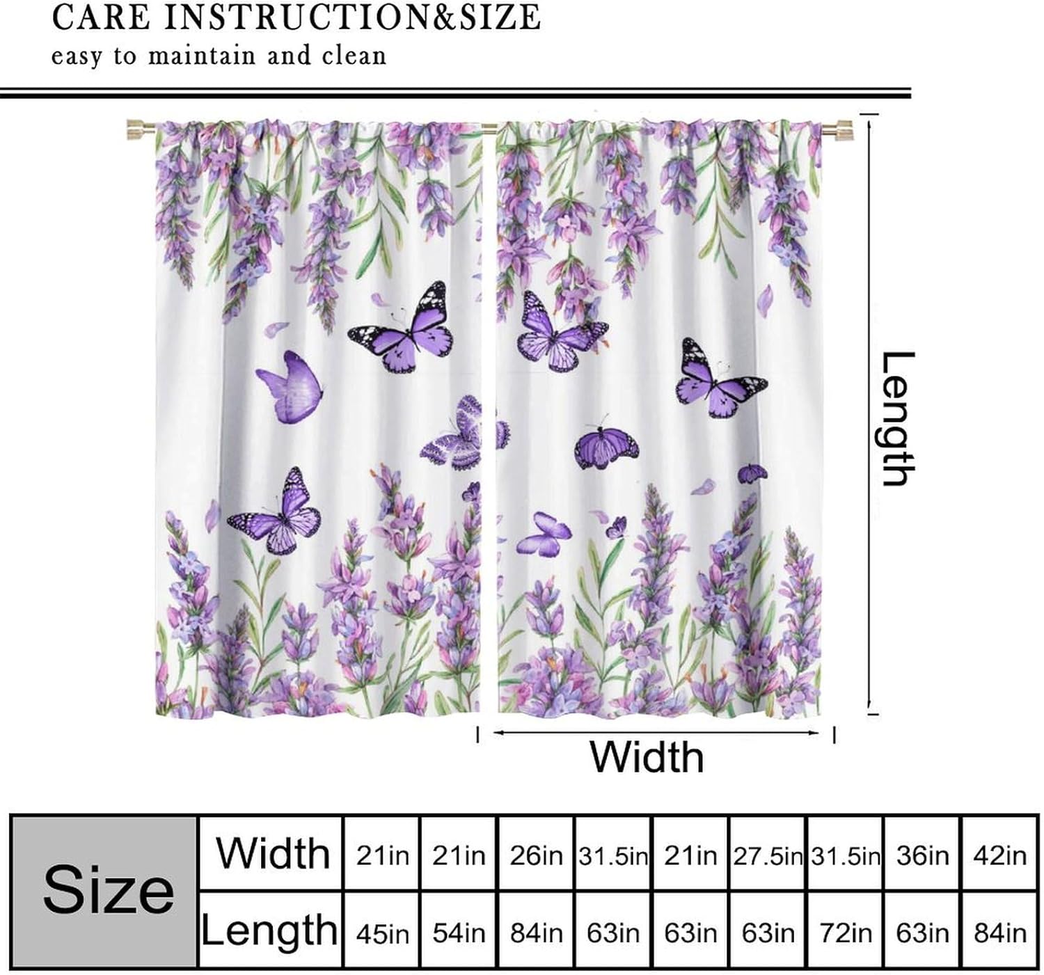 Lavender Curtains, Rustic Lavender Purple Floral Butterfly Green Leaf Blackout Window Treatments, Rod Pocket Thermal Insulated Drapes 2 Panel Sets for Bedroom Living Room, 42" W X 45" L