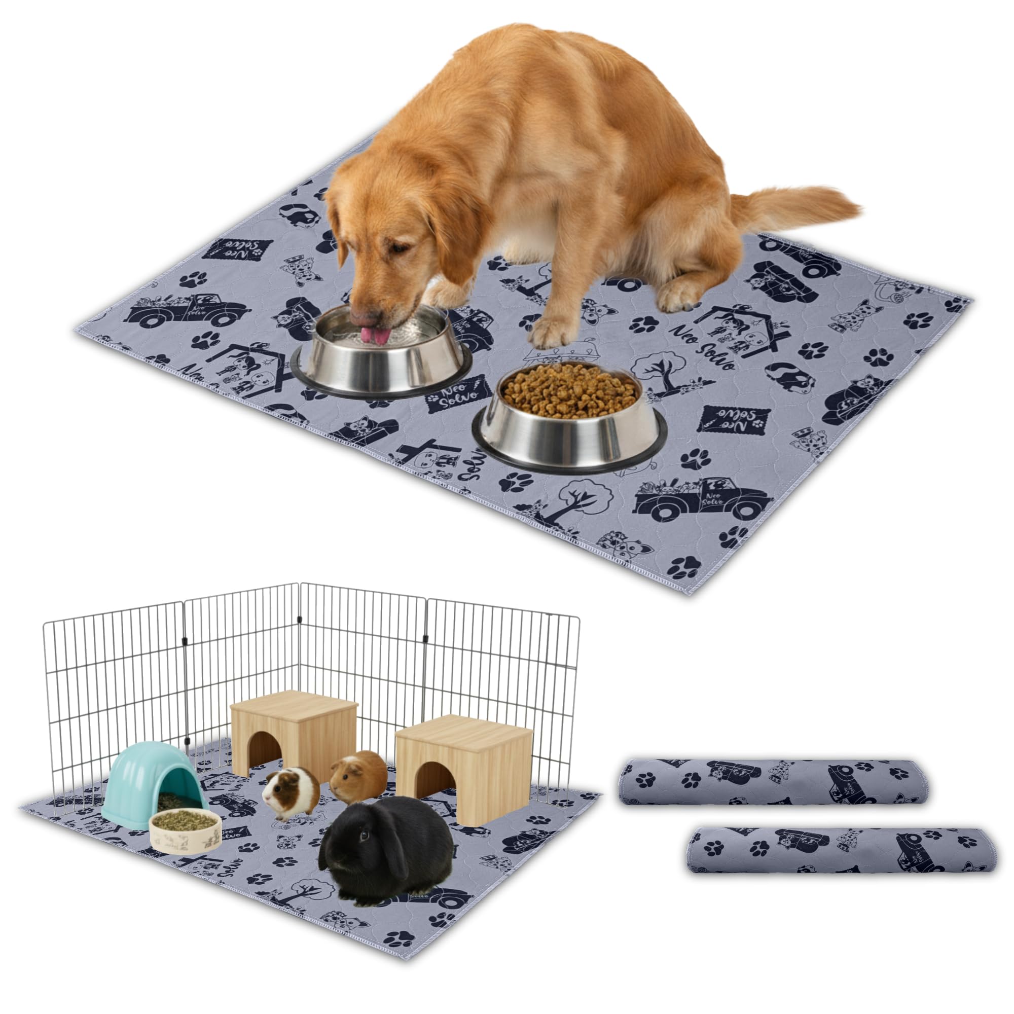 NEO SOLVO Set of 2 Mats 60 cm x 90 cm – Absorbent Waterproof Non-Slip – for Dogs, Rabbits, Guinea Pigs, Cats – Under the Bowl – Potty Training – In Front of the Litter Tray – Cage Bottom